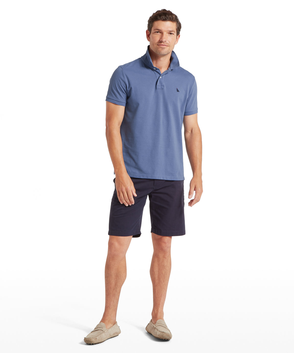 Man wearing st ives polo shirt vintage indigo featuring a blue short-sleeved cotton fabric