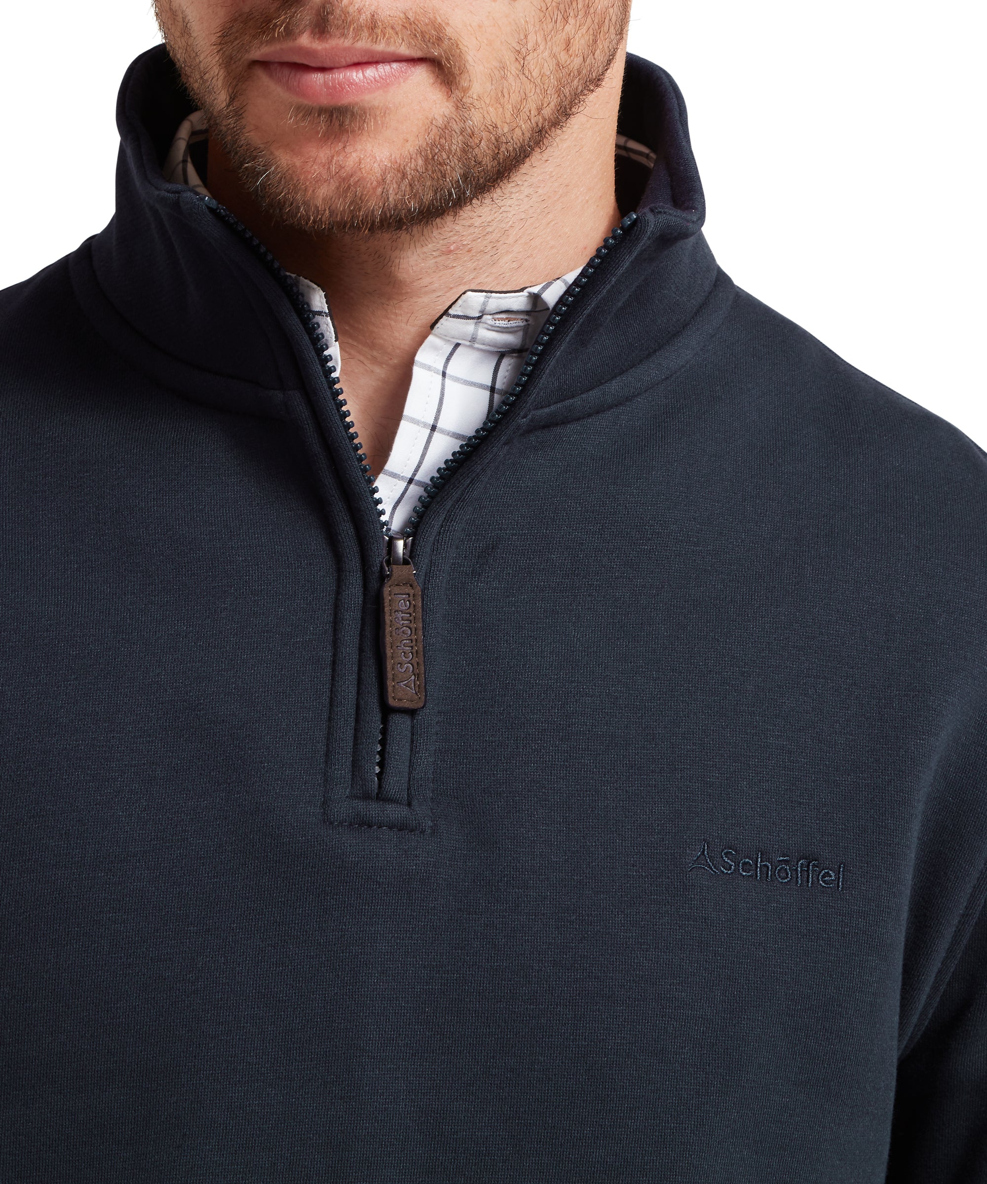 Navy blue pullover with a zipper and plaid collar, featuring the Schöffel brand.