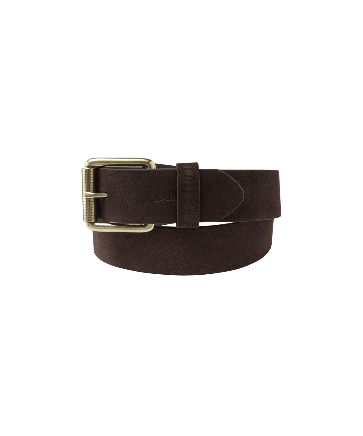 Dark brown suede belt with brass colored buckle made of leather for stylish casual or formal wear