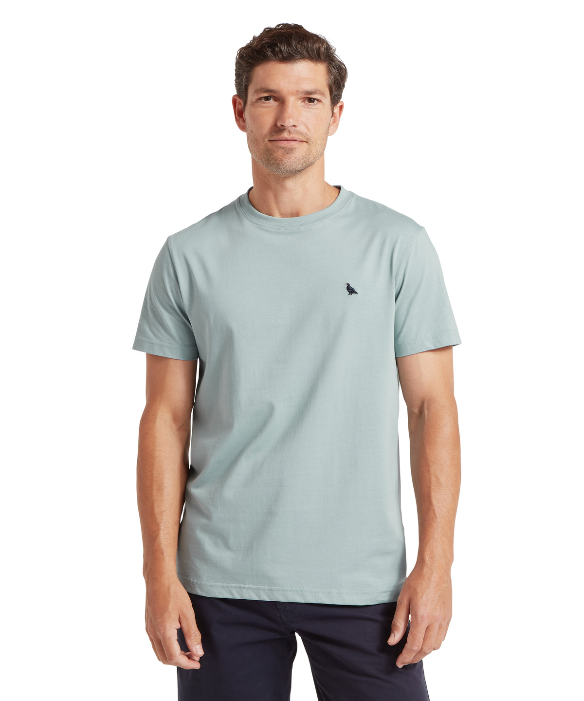 Light blue talland crew neck t shirt with small black bird logo on left chest in powder blue color