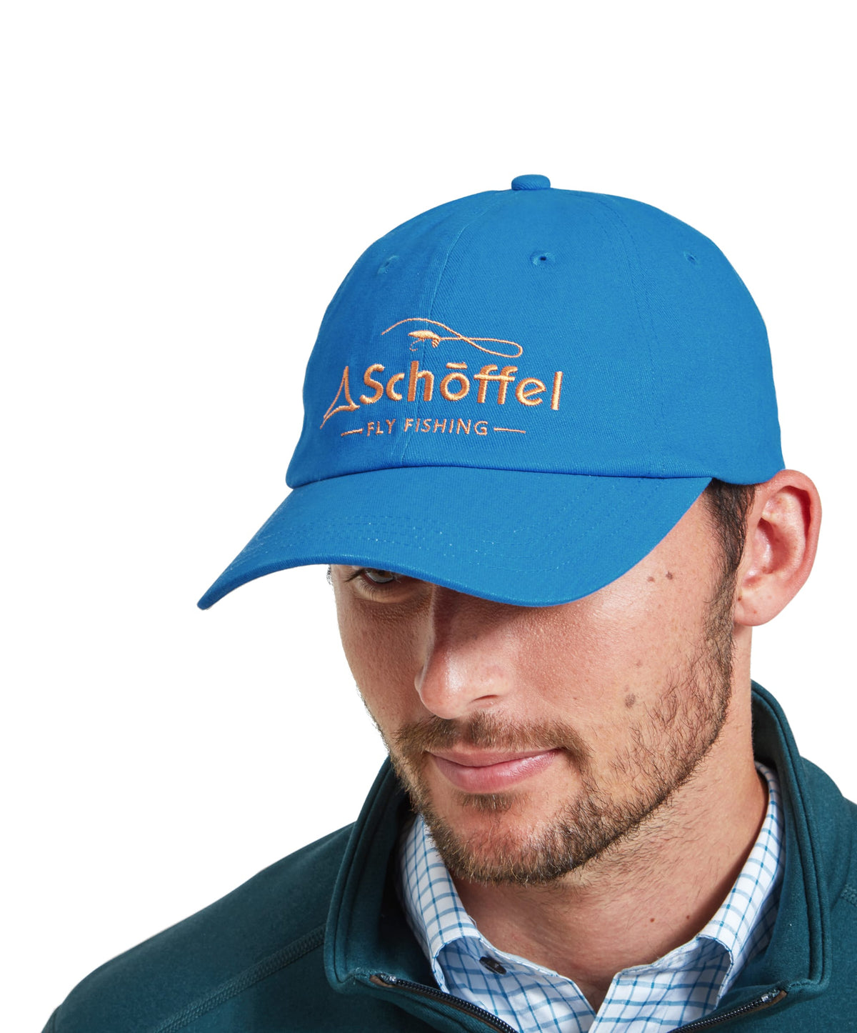 Blue schöffel tamar fly fishing baseball cap with gold embroidered logo designed for outdoor