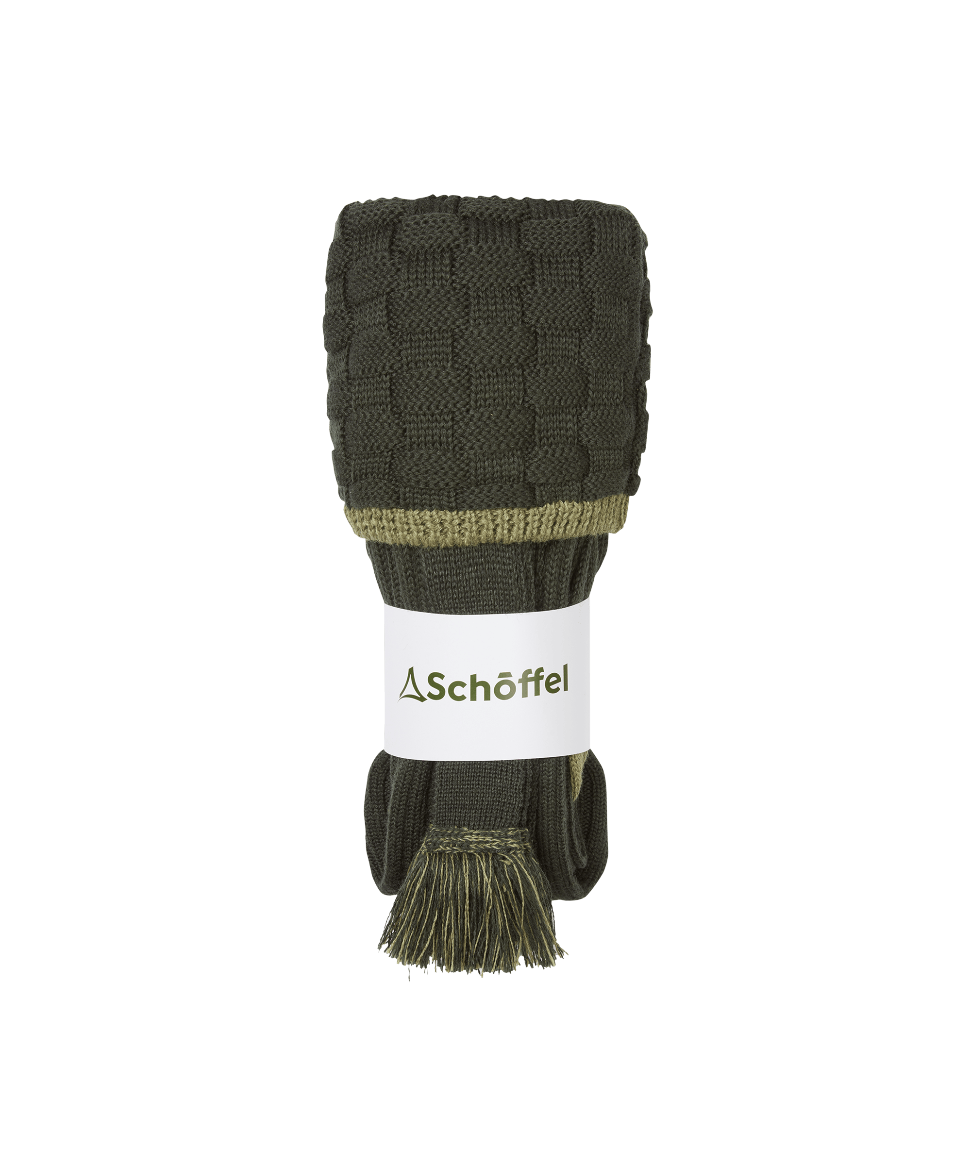 Dark olive green knitted scarf with subtle woven texture light olive stripe and tassels