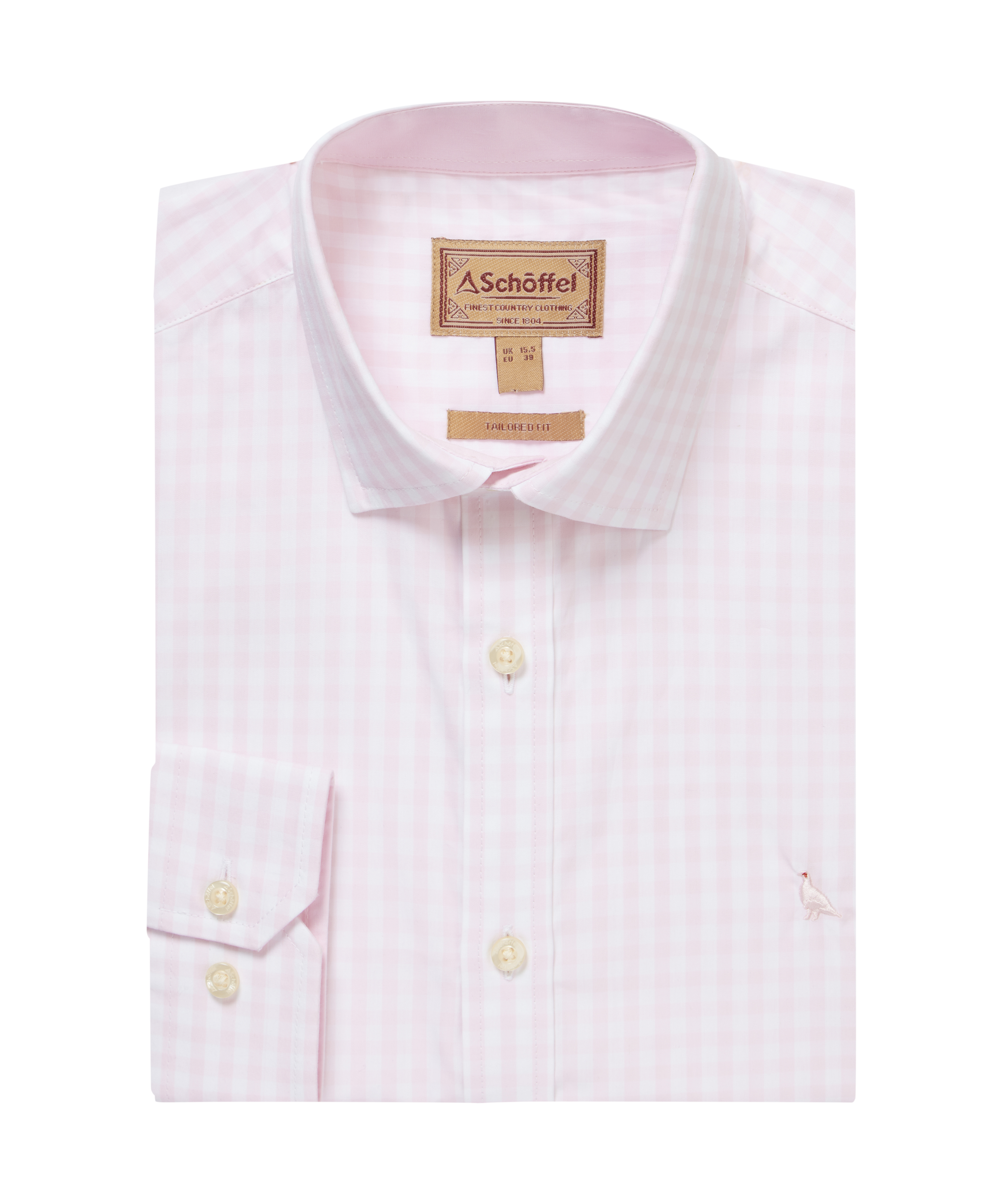 Pink striped shirt with a ptarmigan logo on a white background