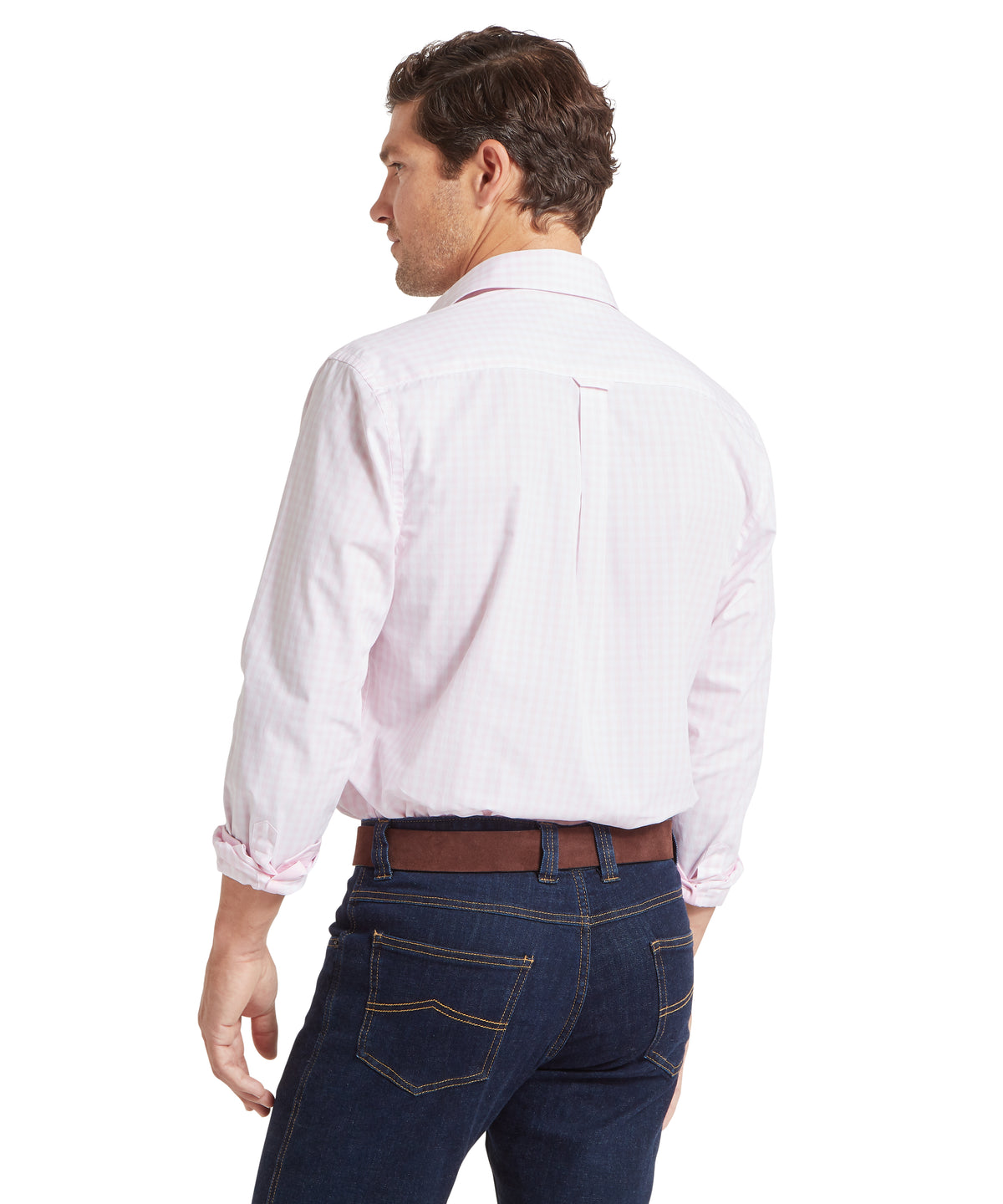 A thorpeness tailored shirt in pale rose check featuring a crisp white long-sleeved dress shirt