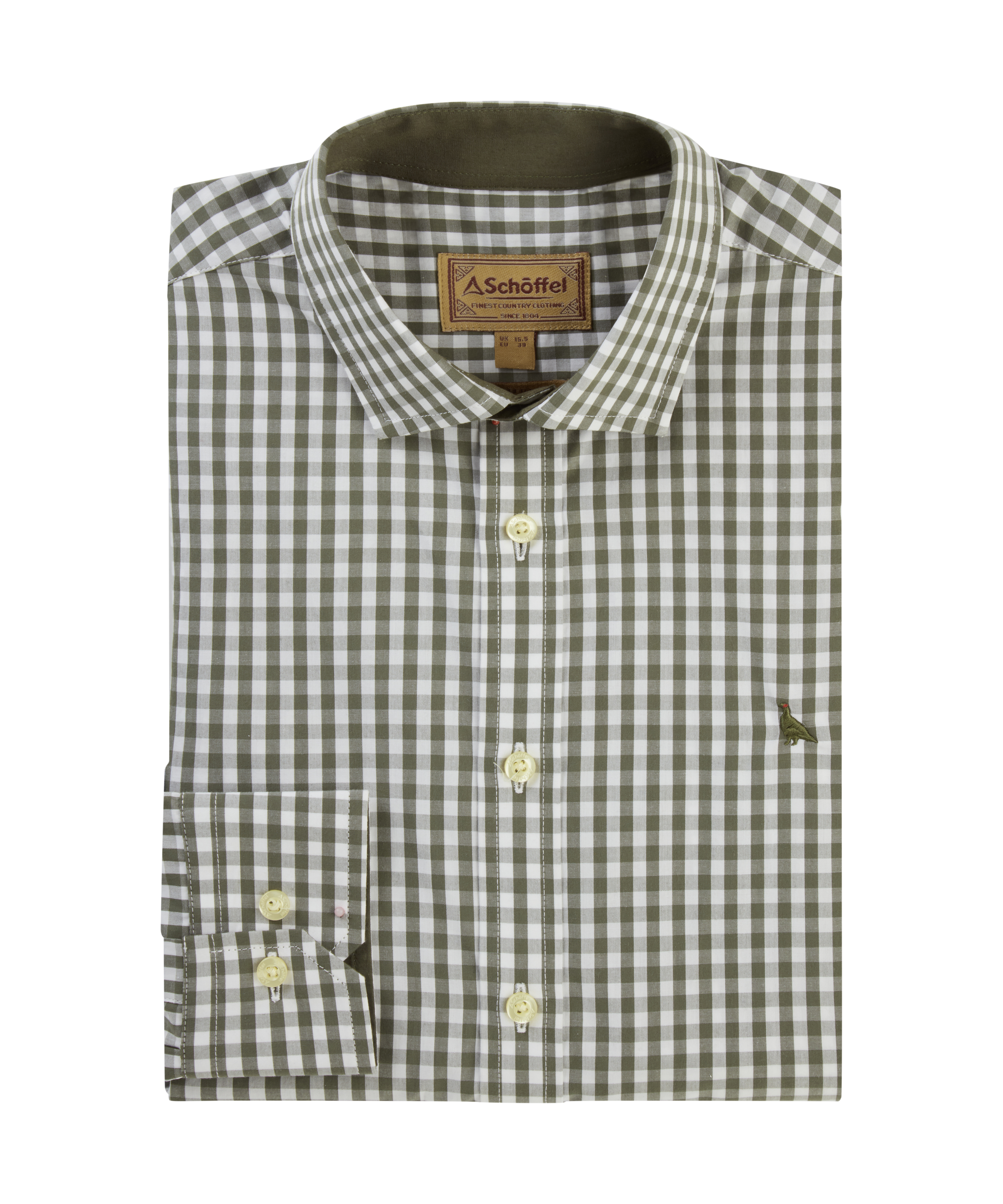Green and white checked shirt with a ptarmigan logo on a white background