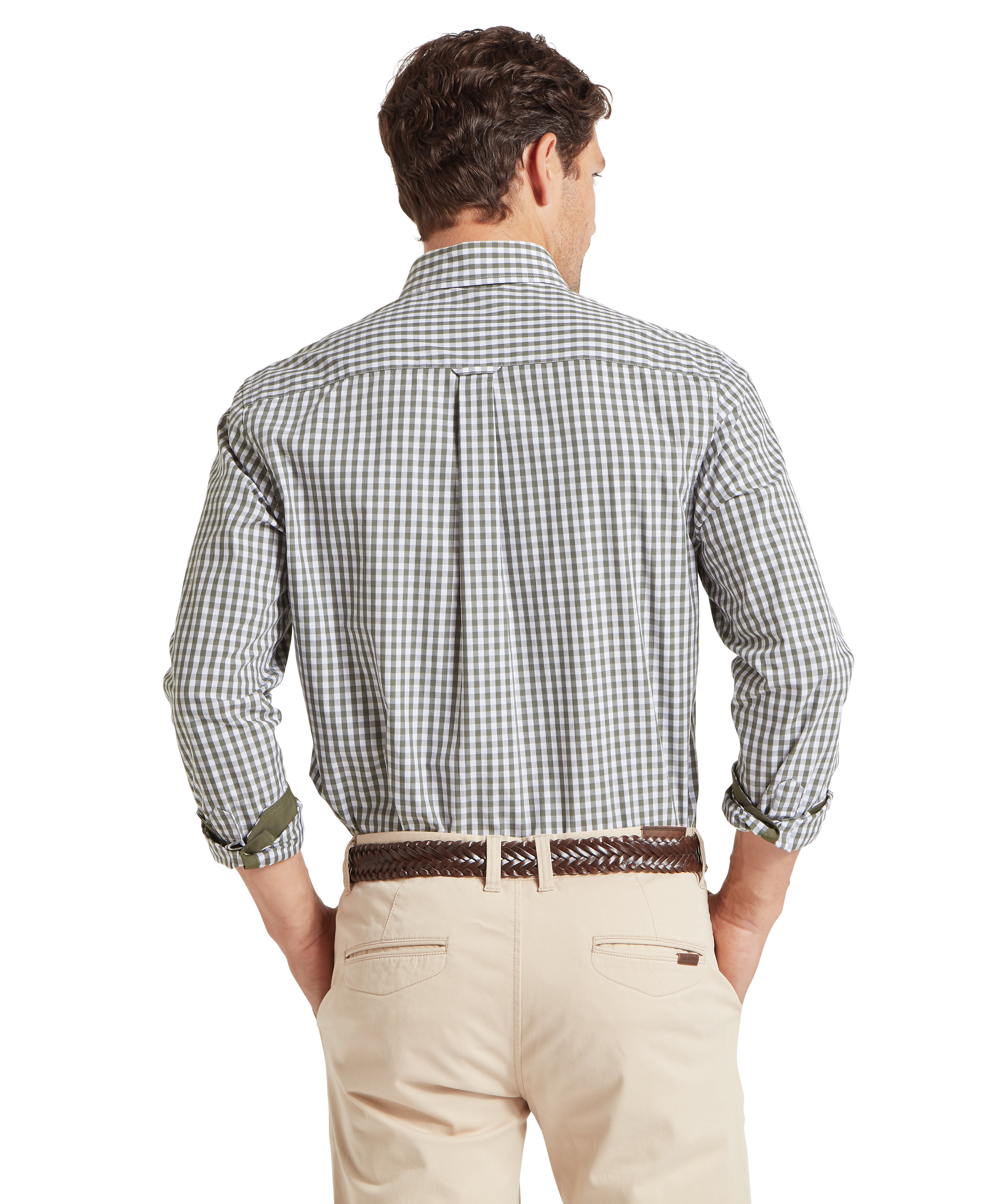 Man wearing thorpeness tailored shirt with a beetle green check gingham pattern in gray and white