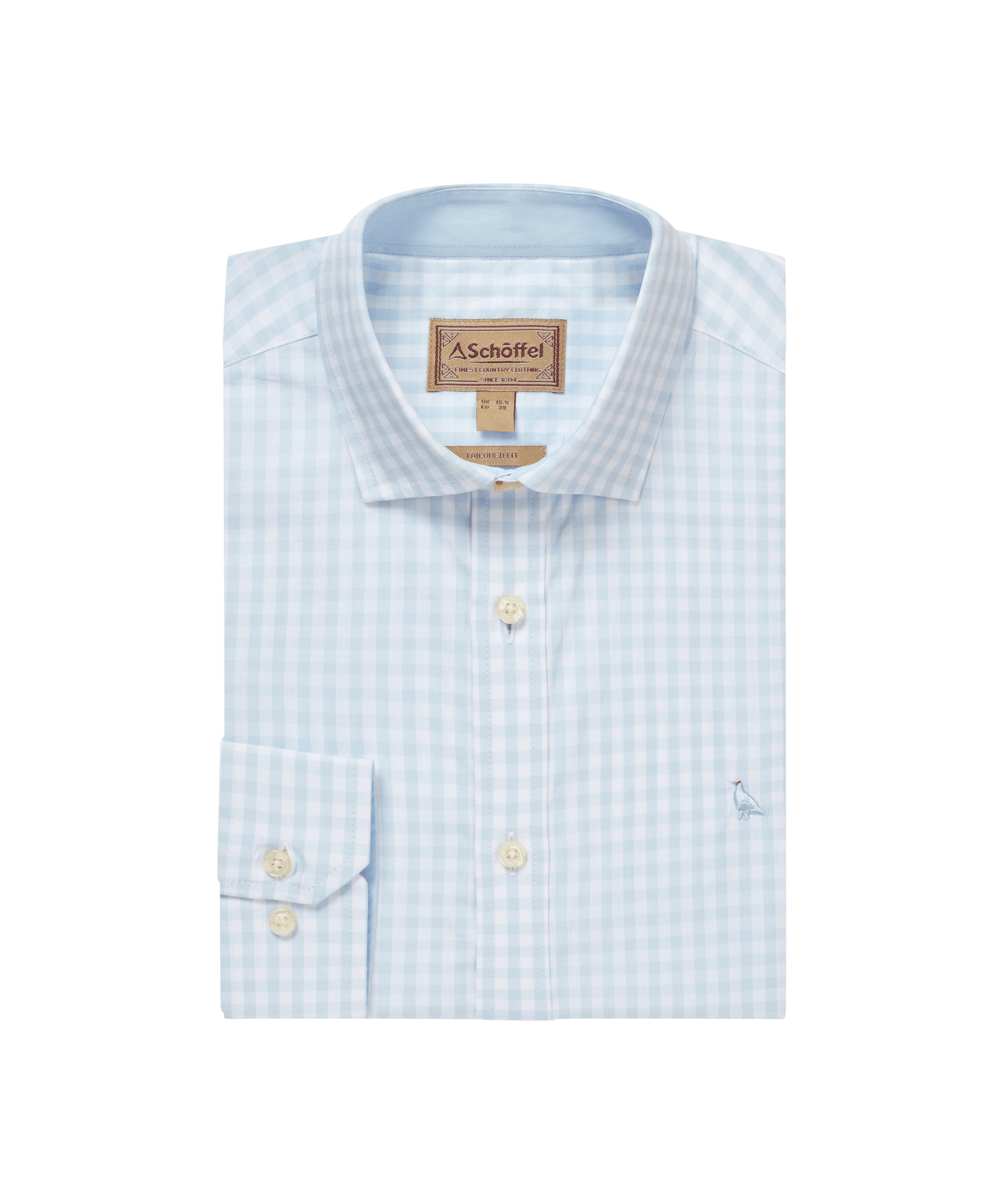 Light blue checked shirt with a ptarmigan logo on a white background