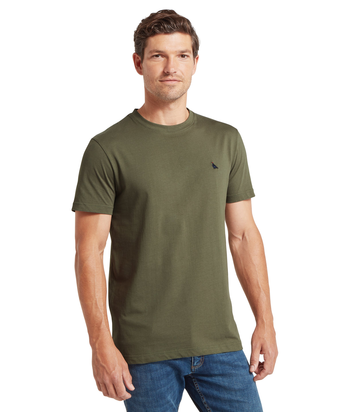 Trenance t shirt beetle green olive green short sleeve crew neck with small black bird logo on left