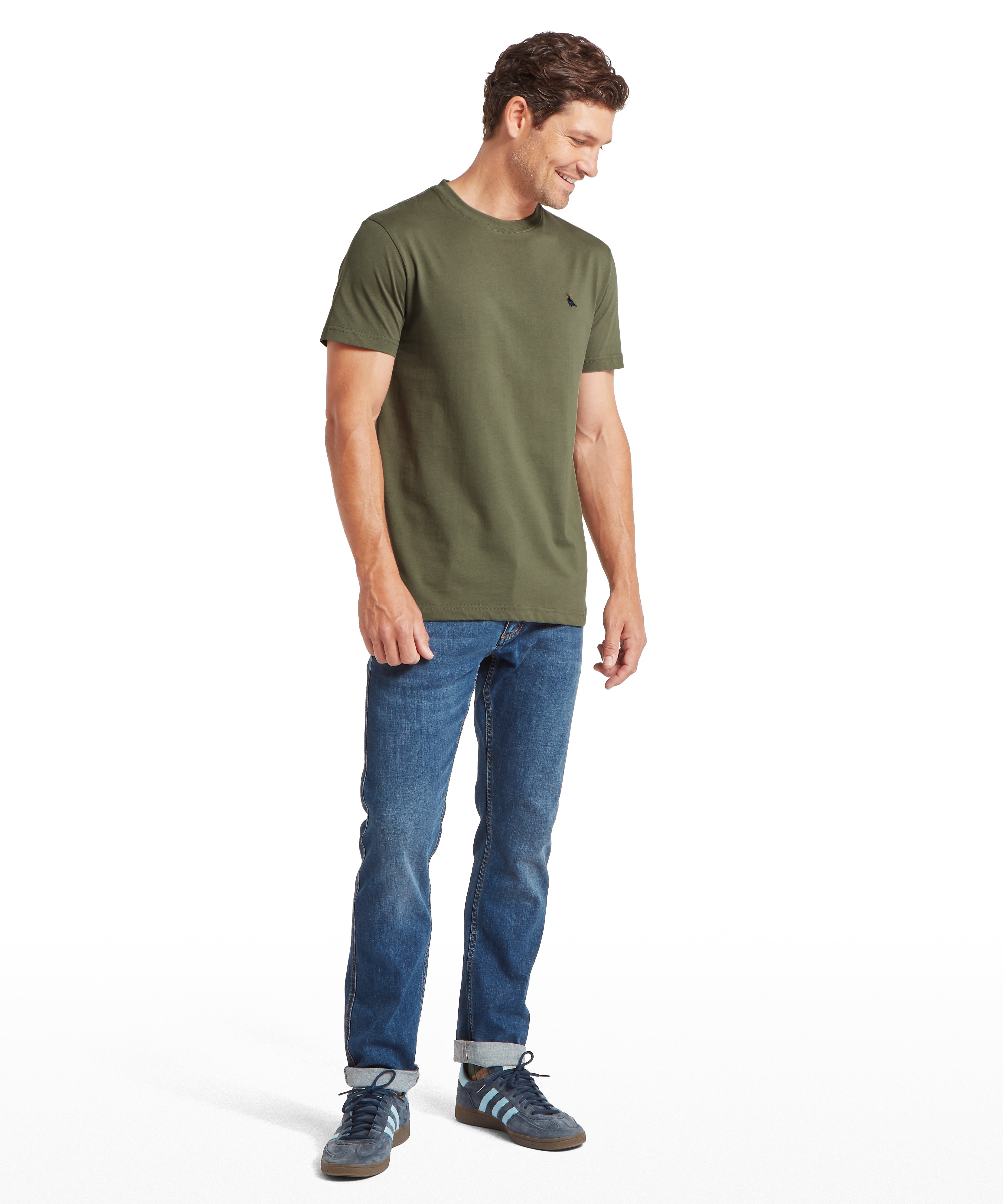 Trenance t-shirt beetle green olive green cotton with small black embroidered logo on left chest