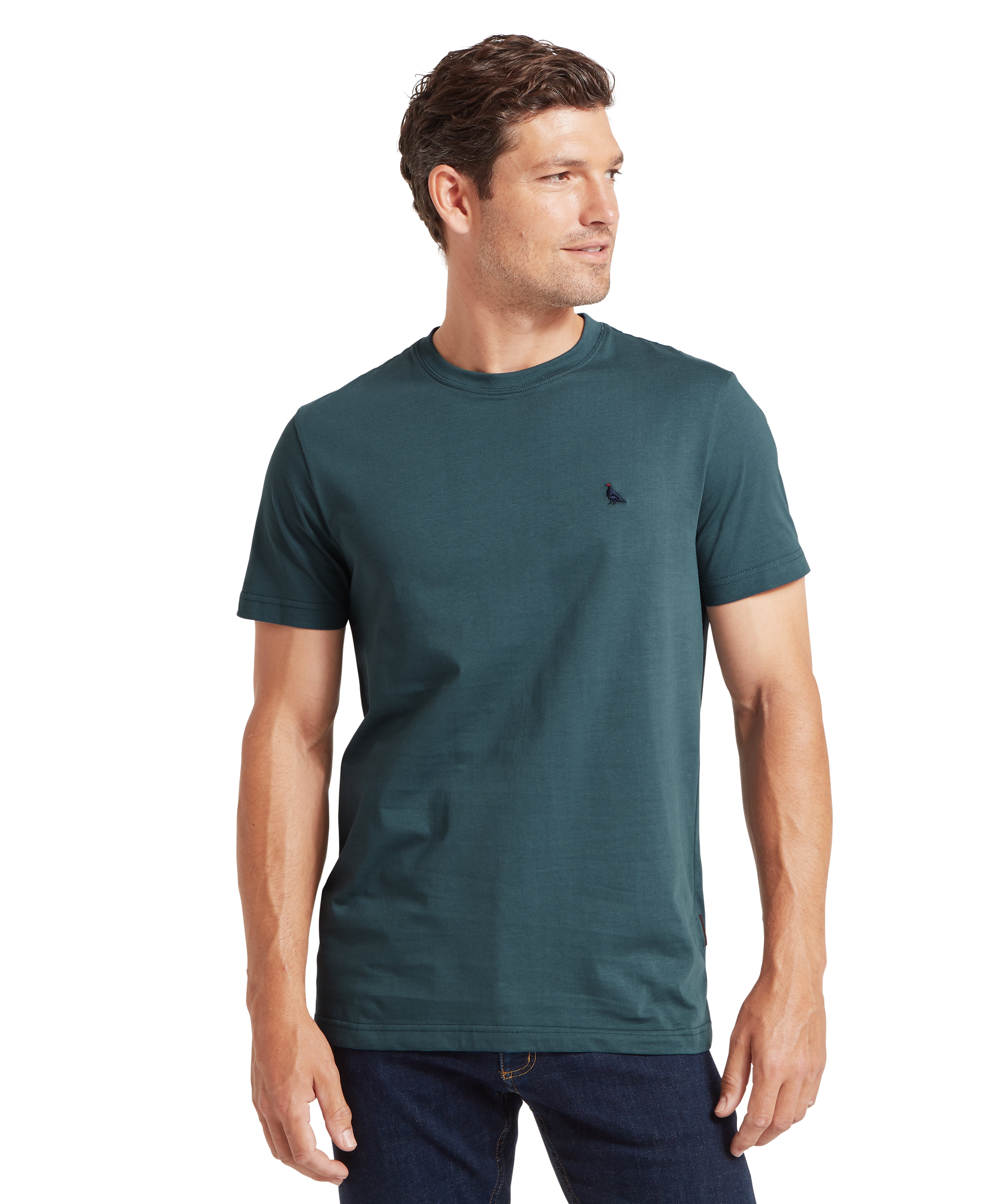 Dark teal crew-neck trenance t-shirt with a small embroidered bird logo on the left chest in deep