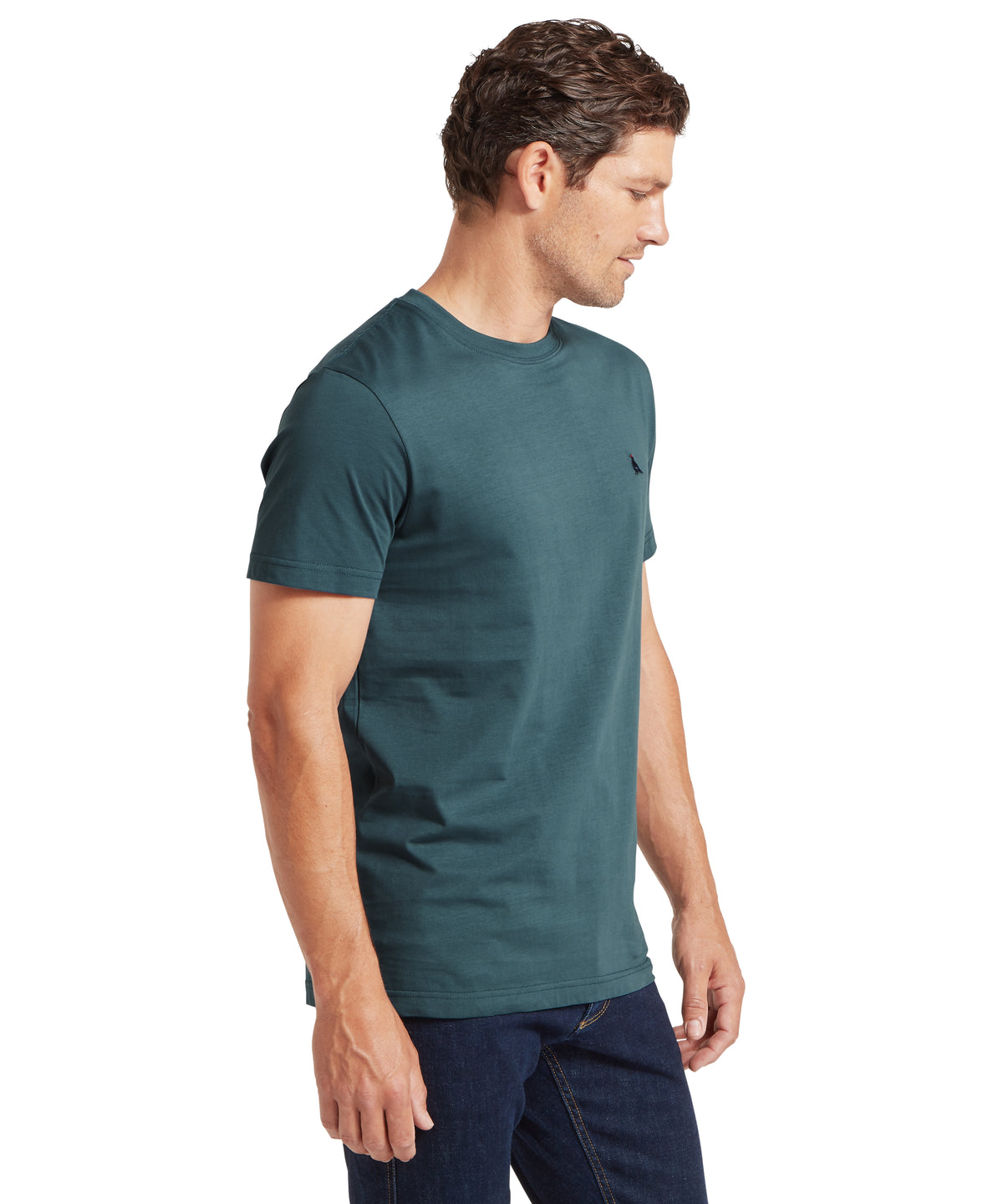 Dark teal crew-neck trenance t-shirt with small embroidered logo on left chest in deep ocean blue