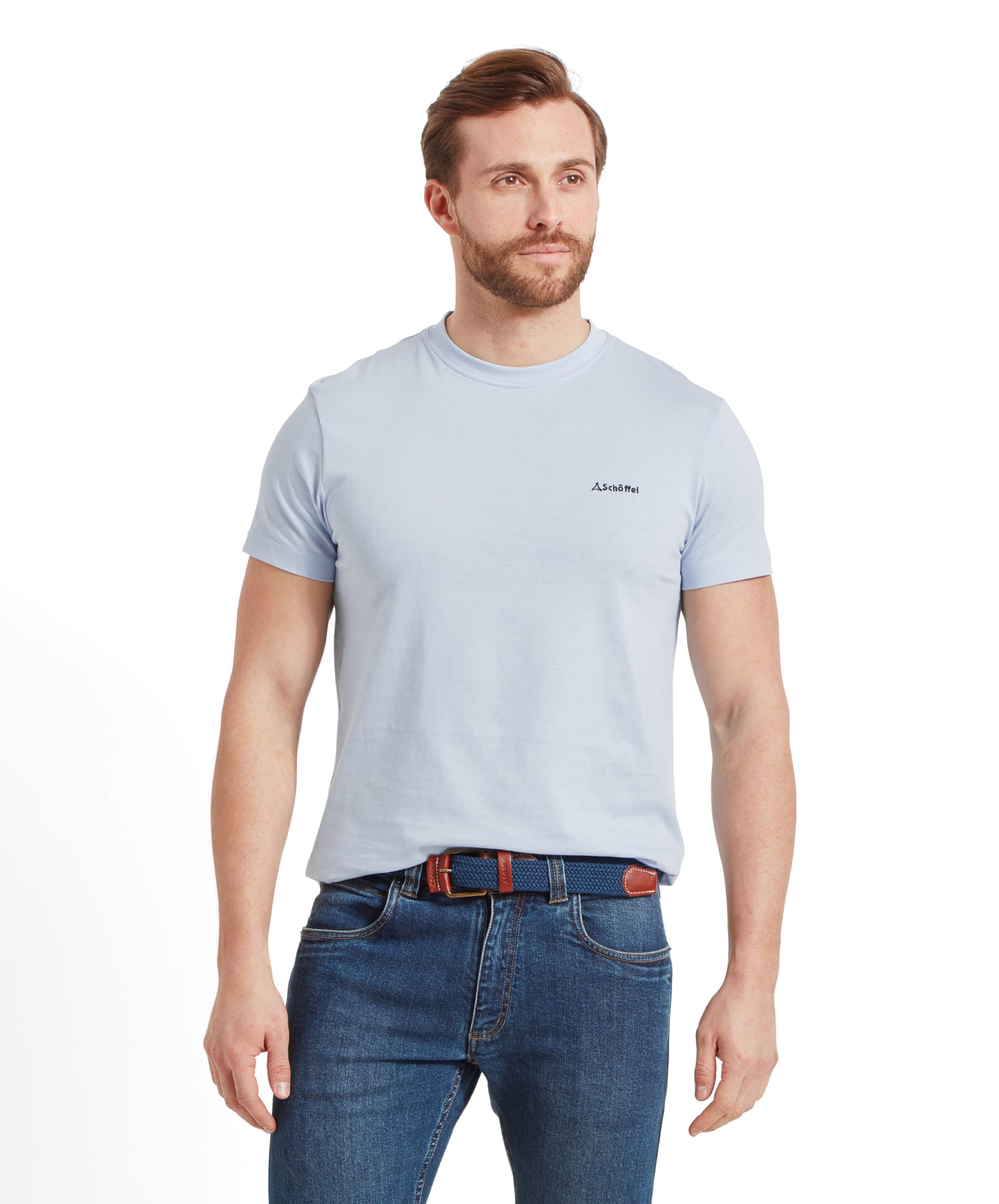 Light blue crew-neck Trevone t shirt with a small black logo on the left chest in soft breathable