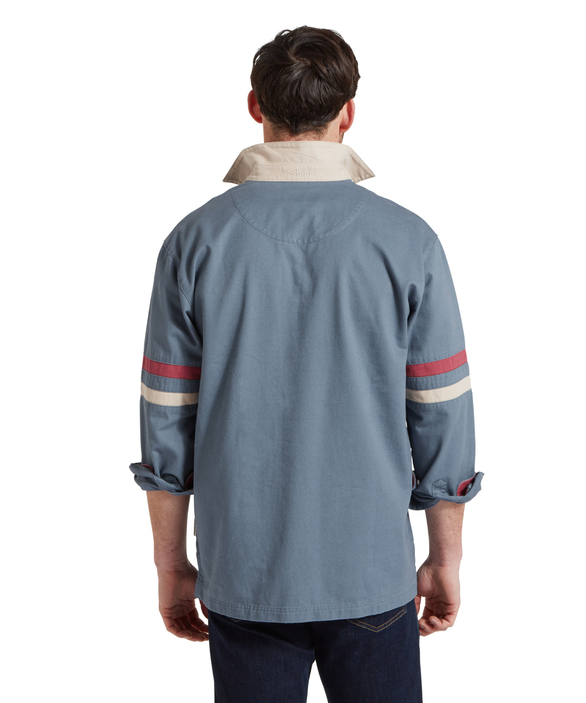 Truro Deck Shirt dark pigeon blue denim jacket with cream and red sleeve stripes and matching collar