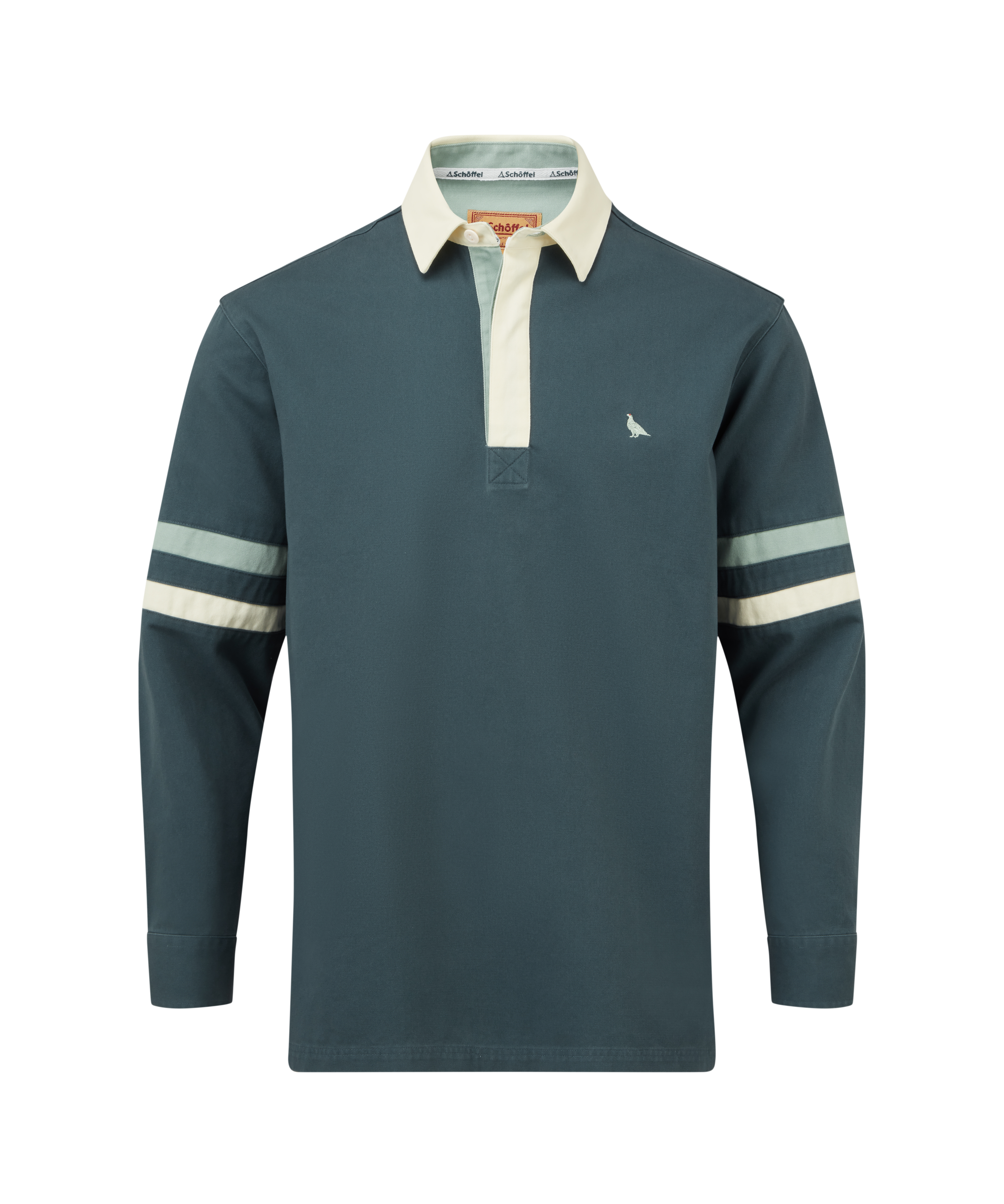 Blue long-sleeve polo shirt with white collar and striped sleeves on a white background