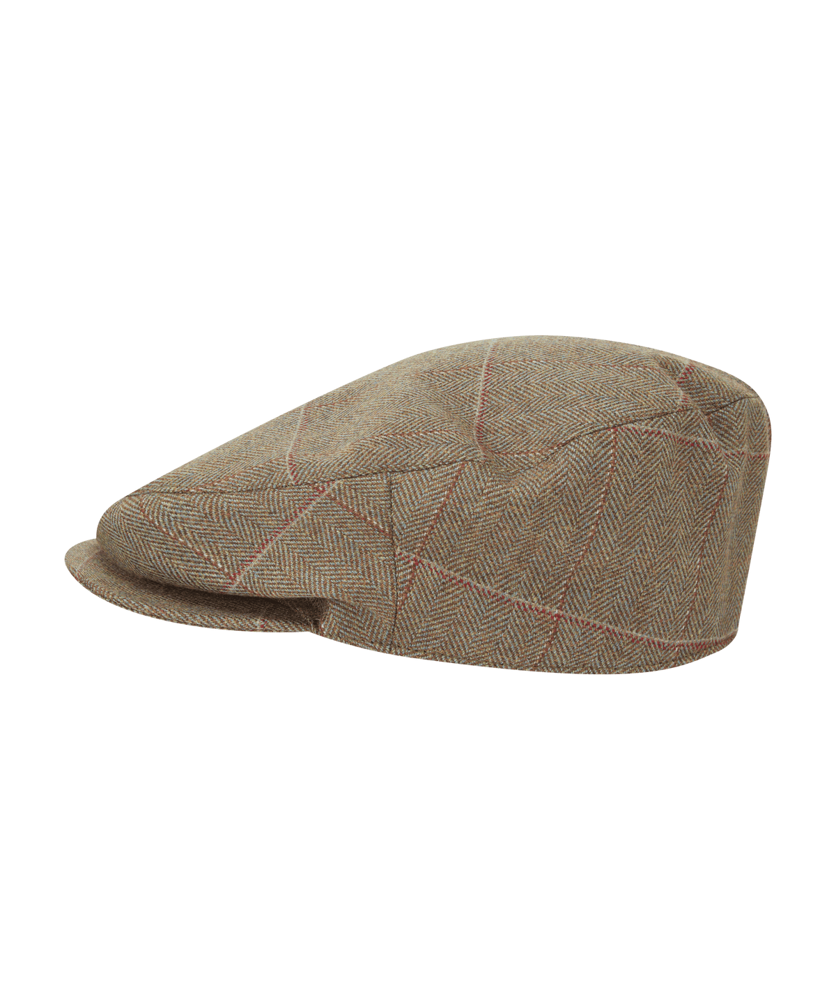 Tan herringbone tweed flat cap with subtle red stitching from the tweed classic cap lochlane tweed
