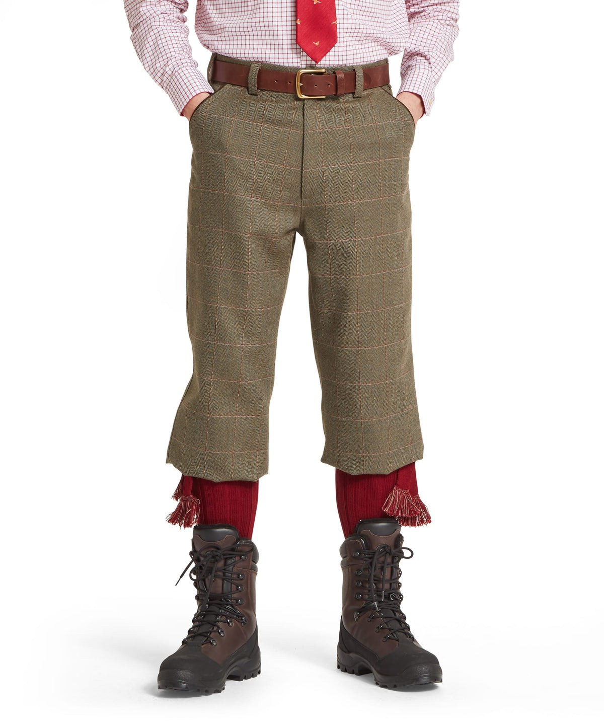 Tweed plus fours lochlane tweed olive green plaid wool hunting pants with red knit socks and brown