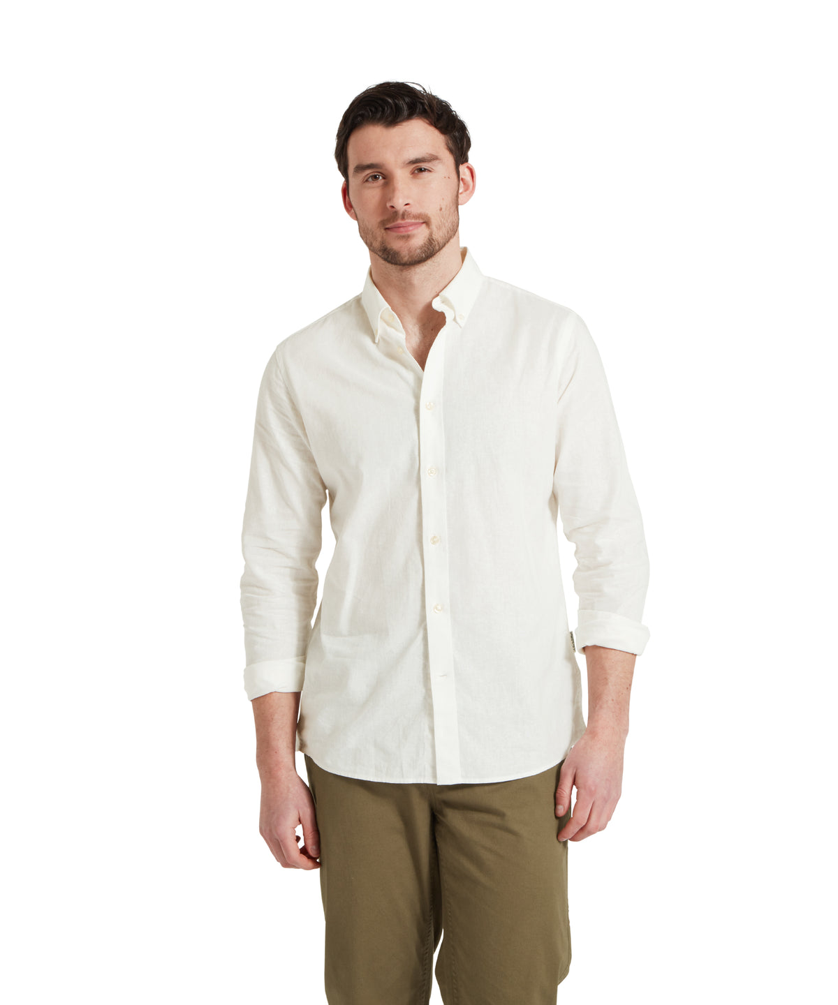 A crisp white walsingham linen shirt with classic collar and neatly rolled long-sleeved cuffs