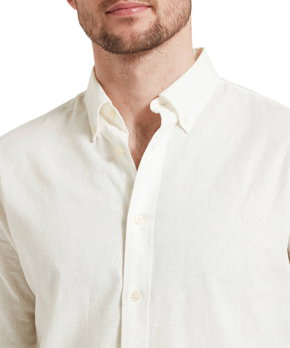 A crisp white walsingham linen shirt with a classic collar and neatly aligned buttons front view