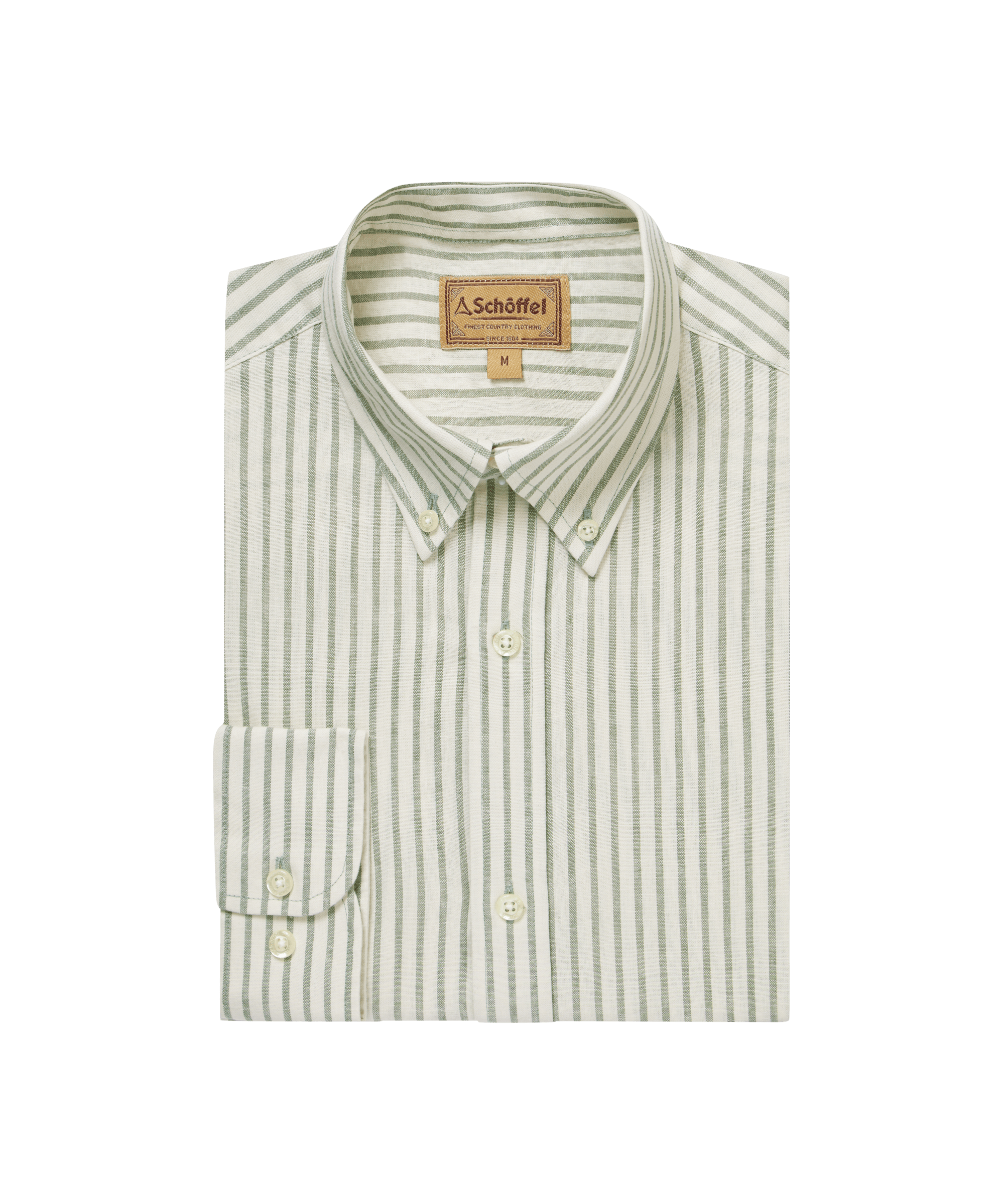 Green and cream linen shirt folded on a transparent background