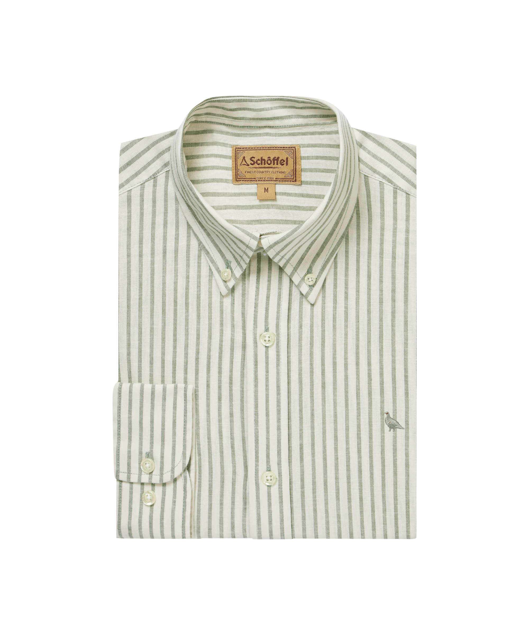 Schöffel Men's Walsingham Linen Shirt in green stripe — folded flat lay showing button-down collar, Schöffel branded label and embroidered ptarmigan logo