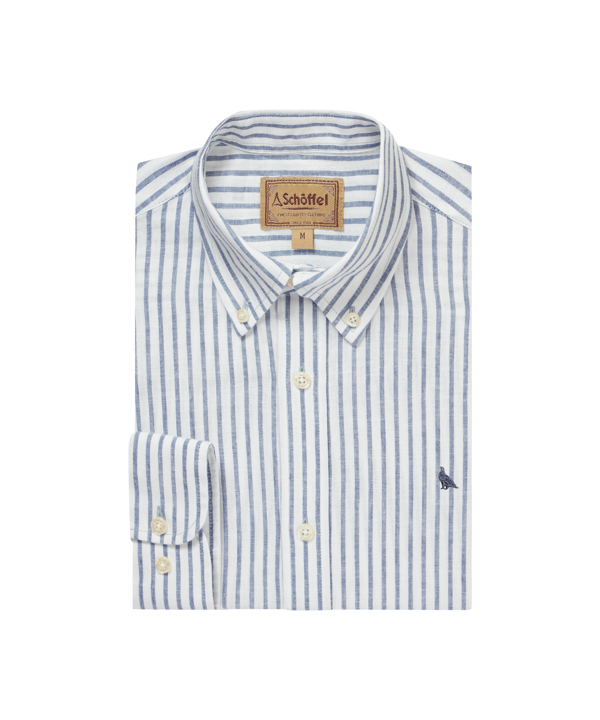 Schöffel Men's Walsingham Linen Shirt in blue stripe folded flat lay showing button-down collar, Schöffel branded label and embroidered ptarmigan logo