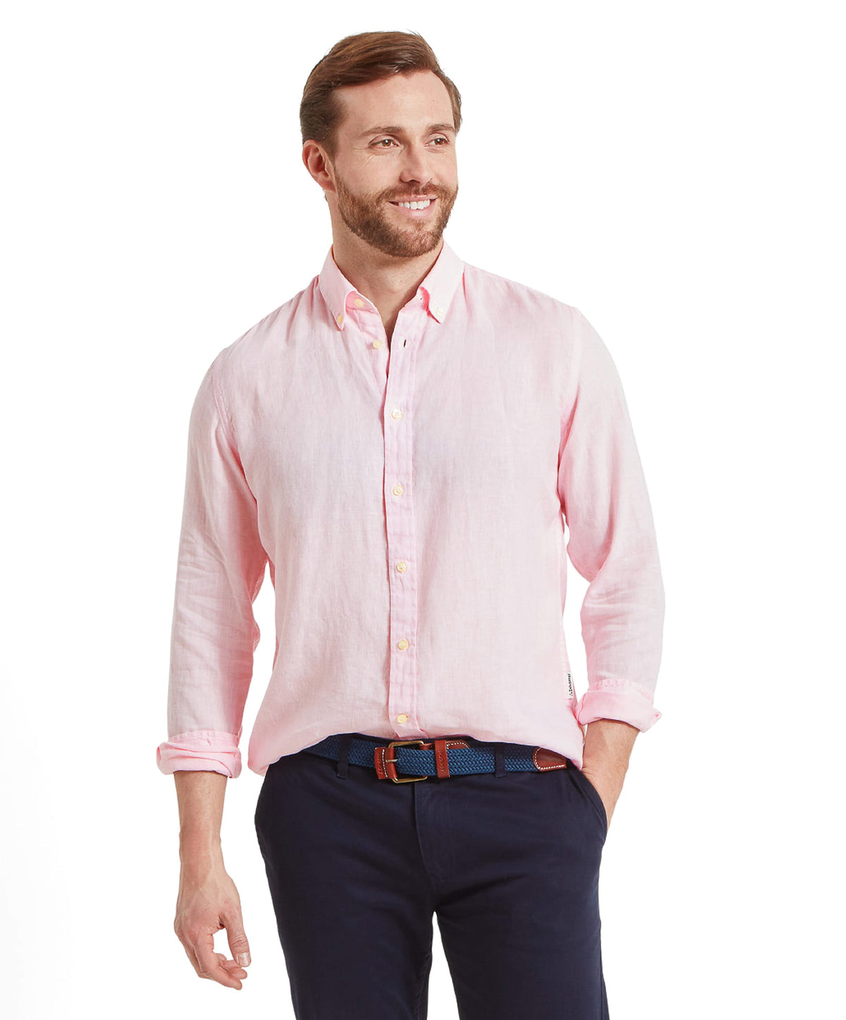 Model wearing the Schöffel Walsingham Linen Shirt in Pink, classic collar, button-down front