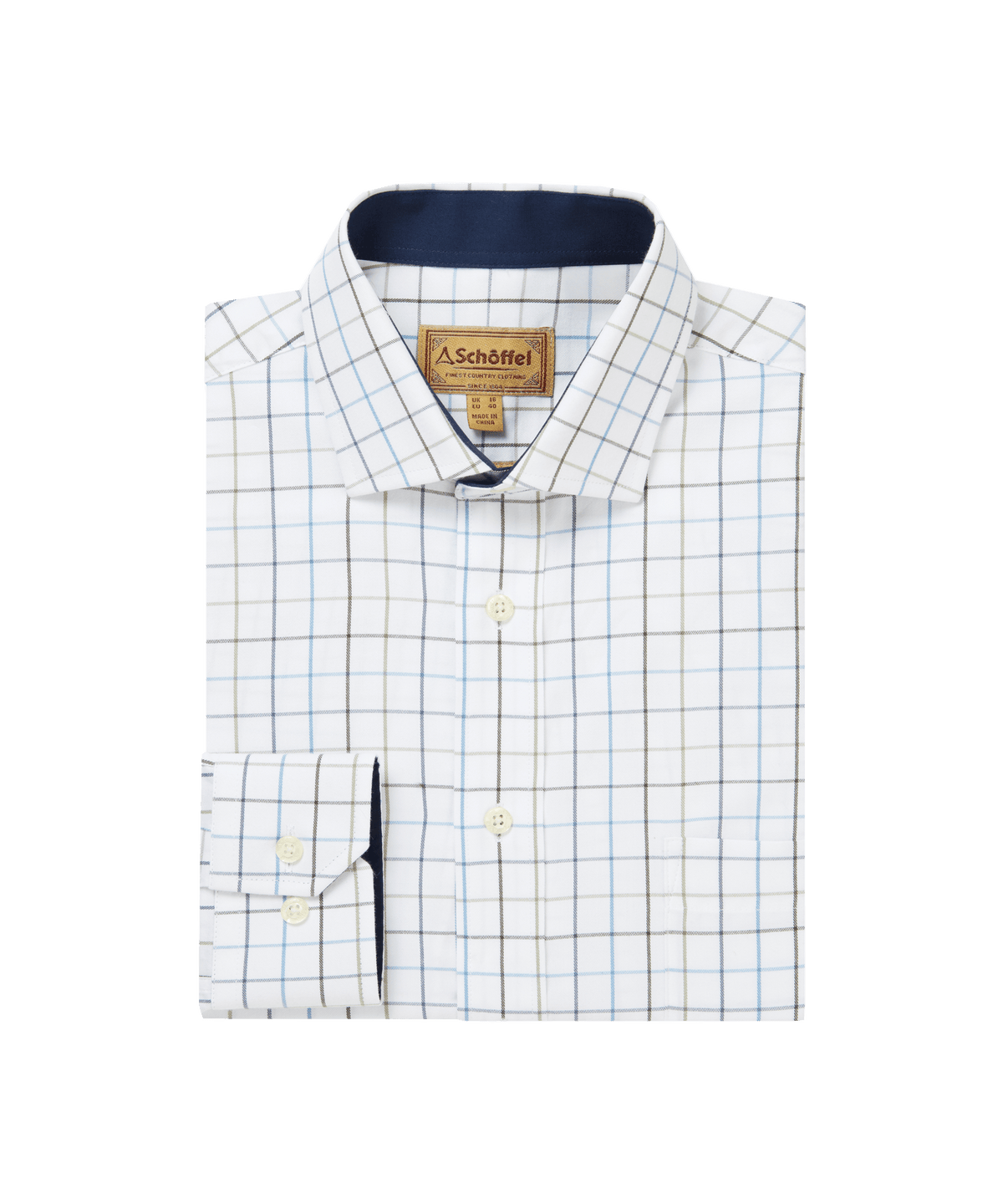 Schöffel Wells Tailored Shirt for men in Green Blue, cutout image, navy inner collar lining