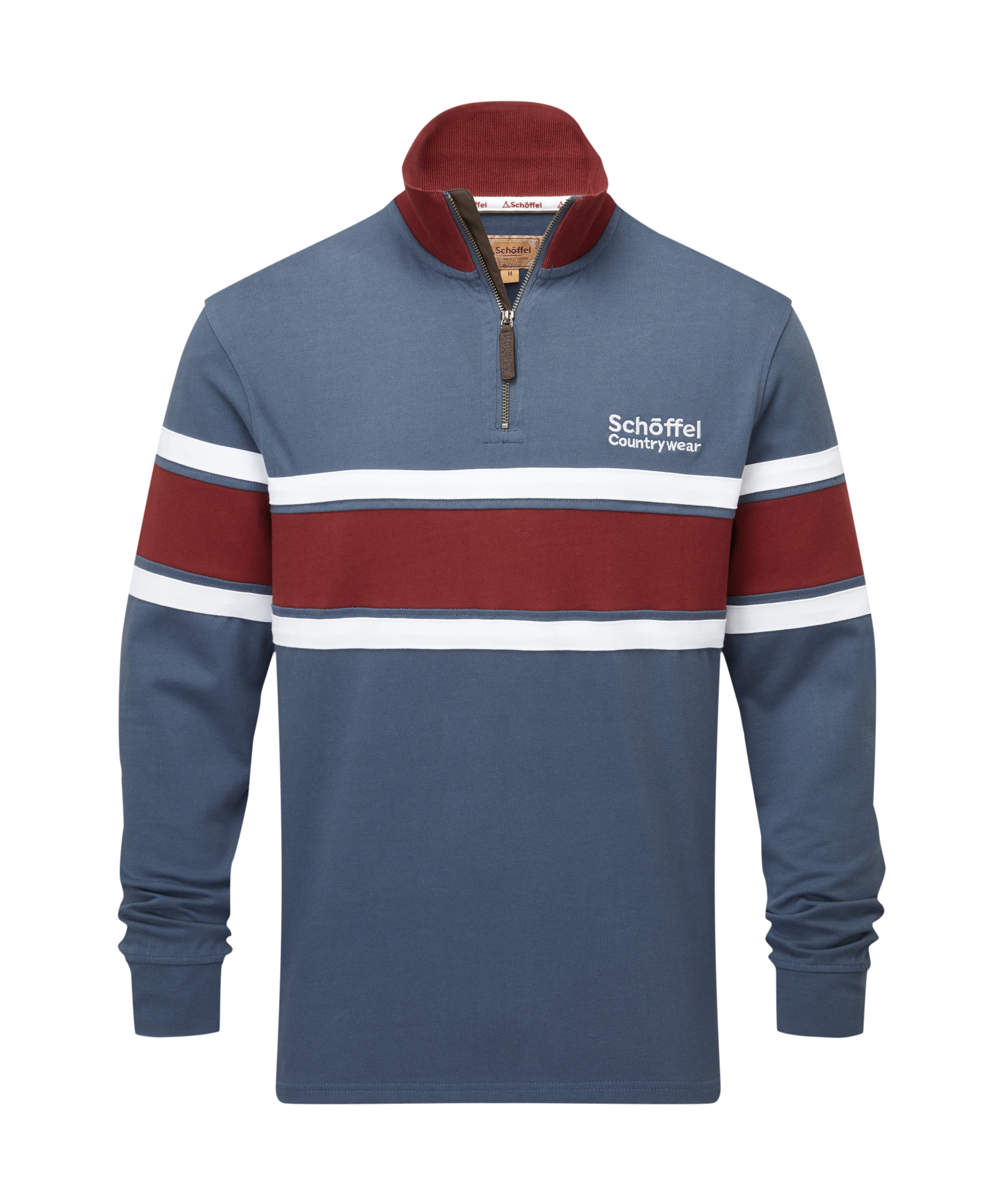 Blue sweatshirt with red and white stripes on a white background