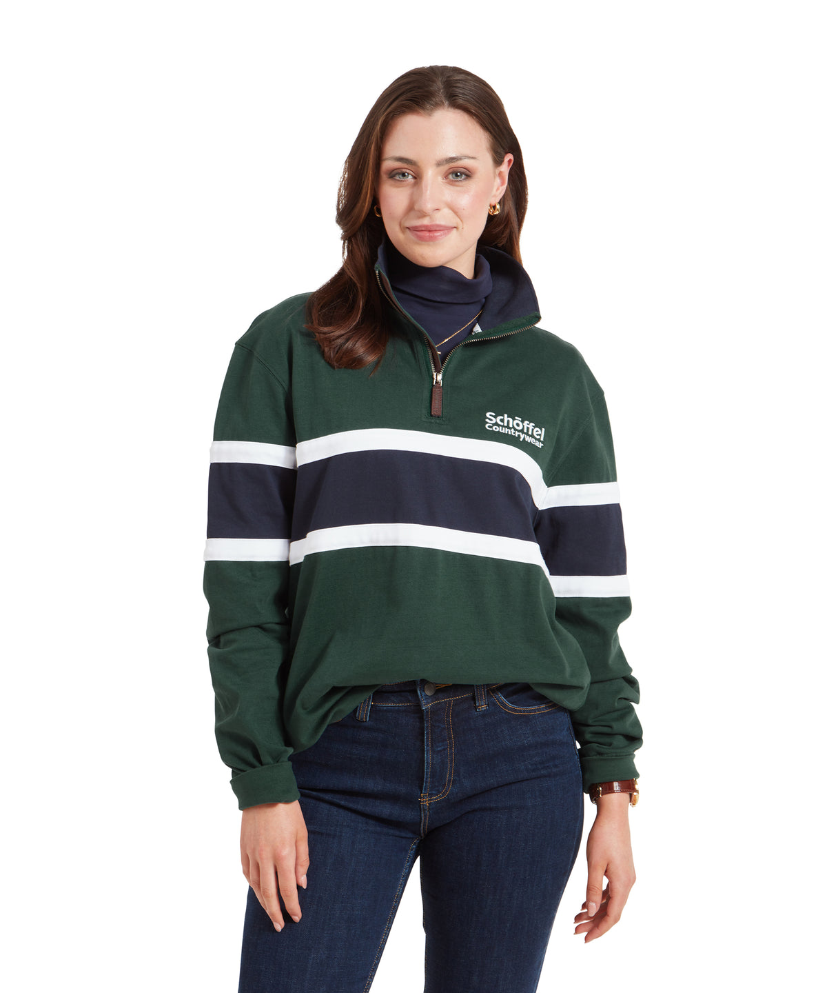 Exmouth Heritage Quarter Zip pullover in pine green with dark green navy stripes white accents