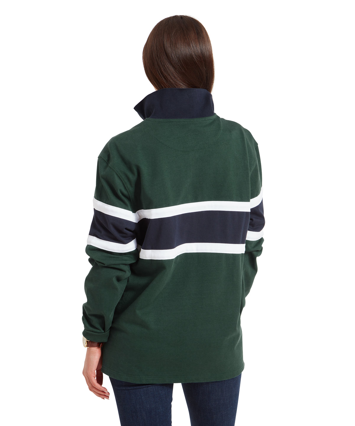 Dark green long-sleeved exmouth heritage quarter zip jacket with navy and white horizontal stripes