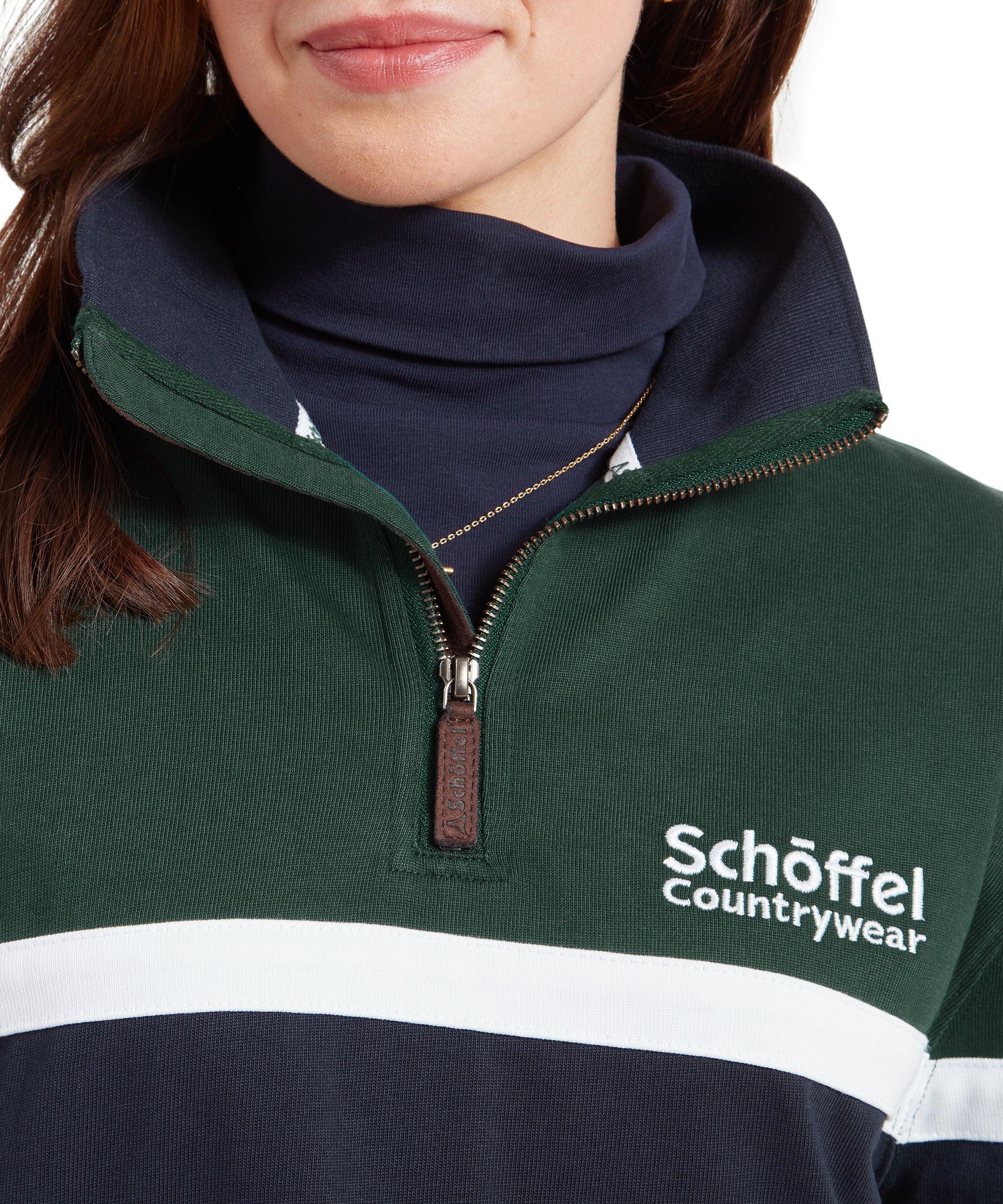 Exmouth Heritage quarter zip jacket in pine green with dark green and navy blue panels and brown