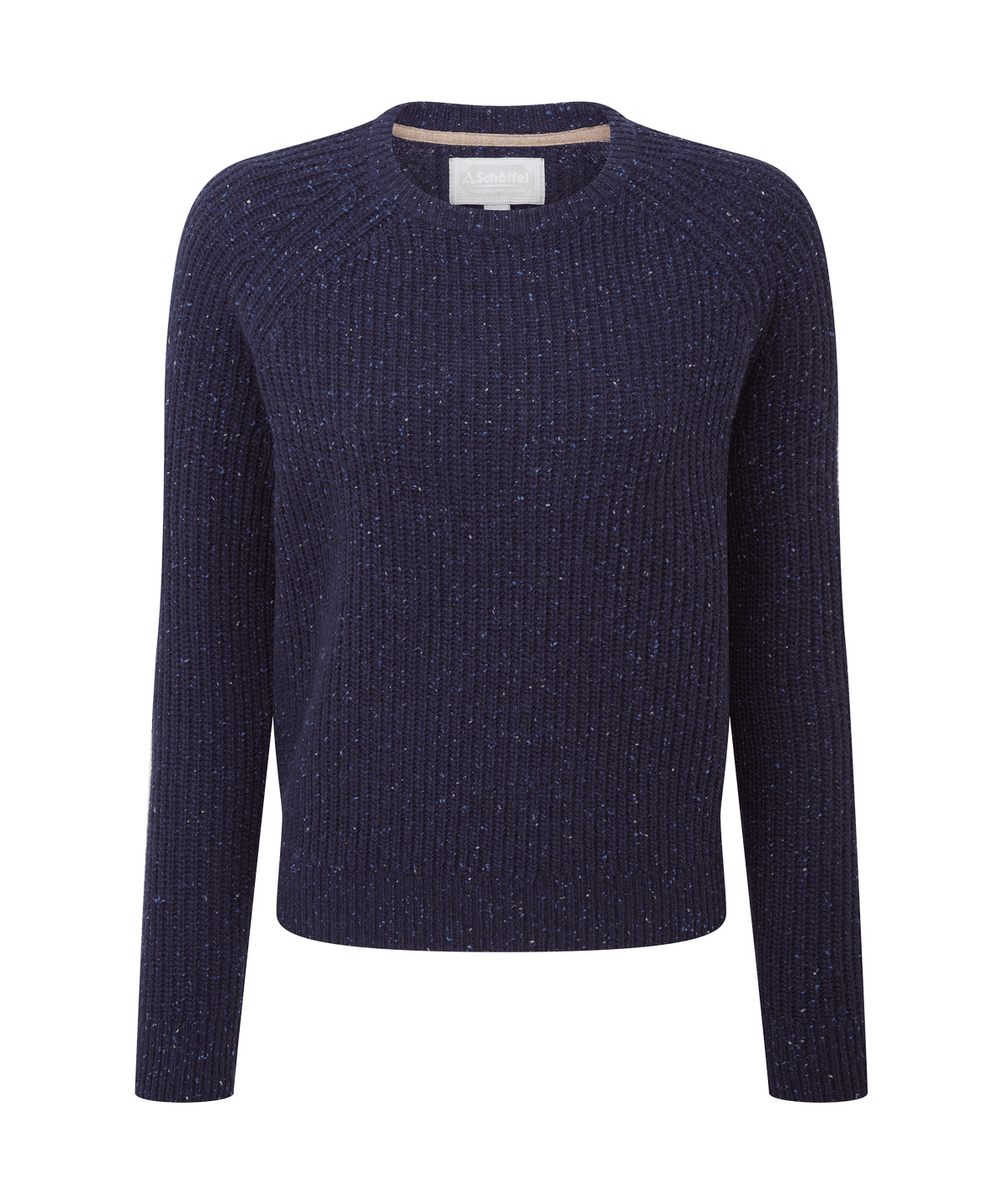 Navy blue ribbed knit sweater with subtle speckled texture in women’s Balmaha jumper blueberry