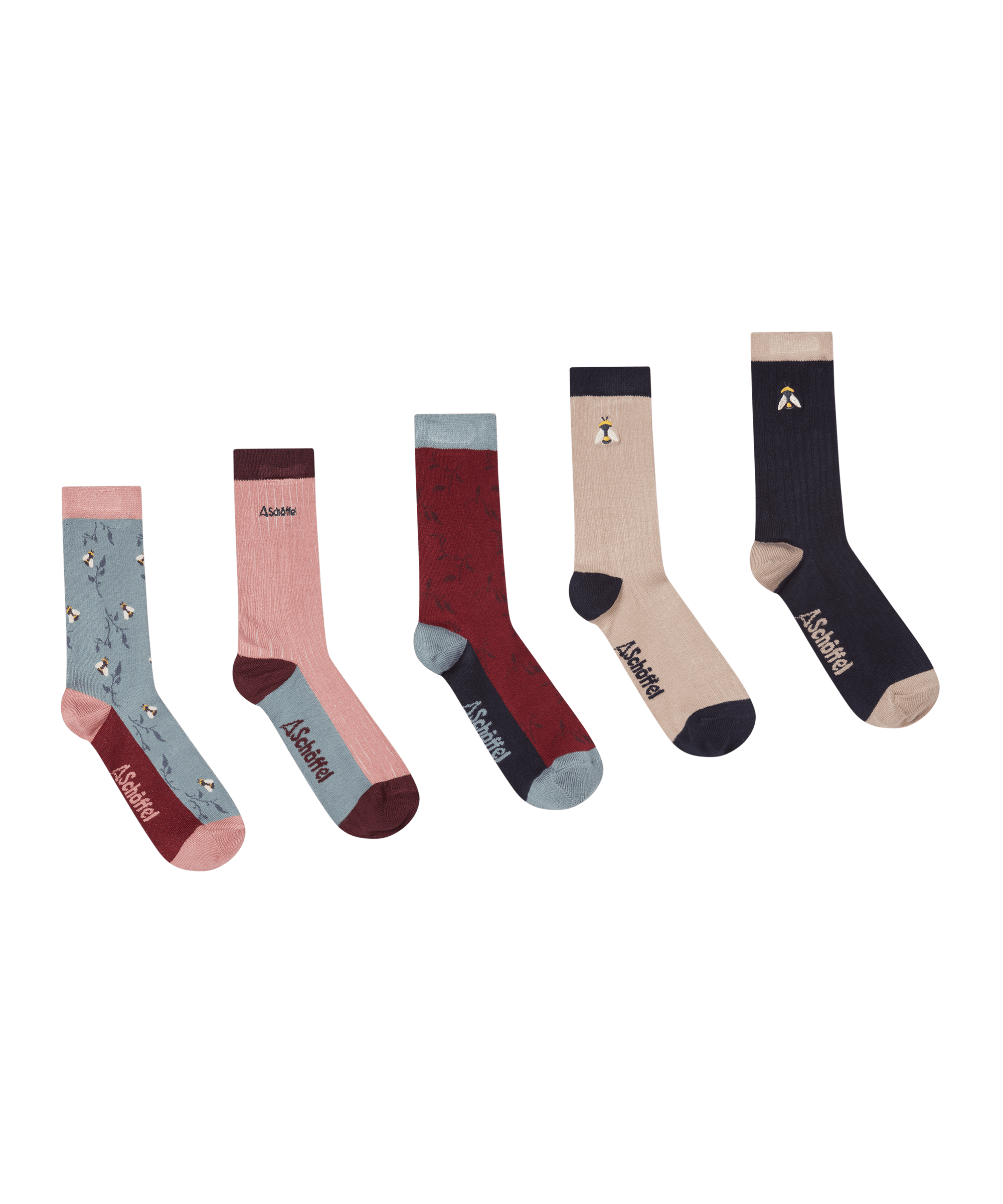 Set of five pairs of bamboo socks with different colour combinations on a white background