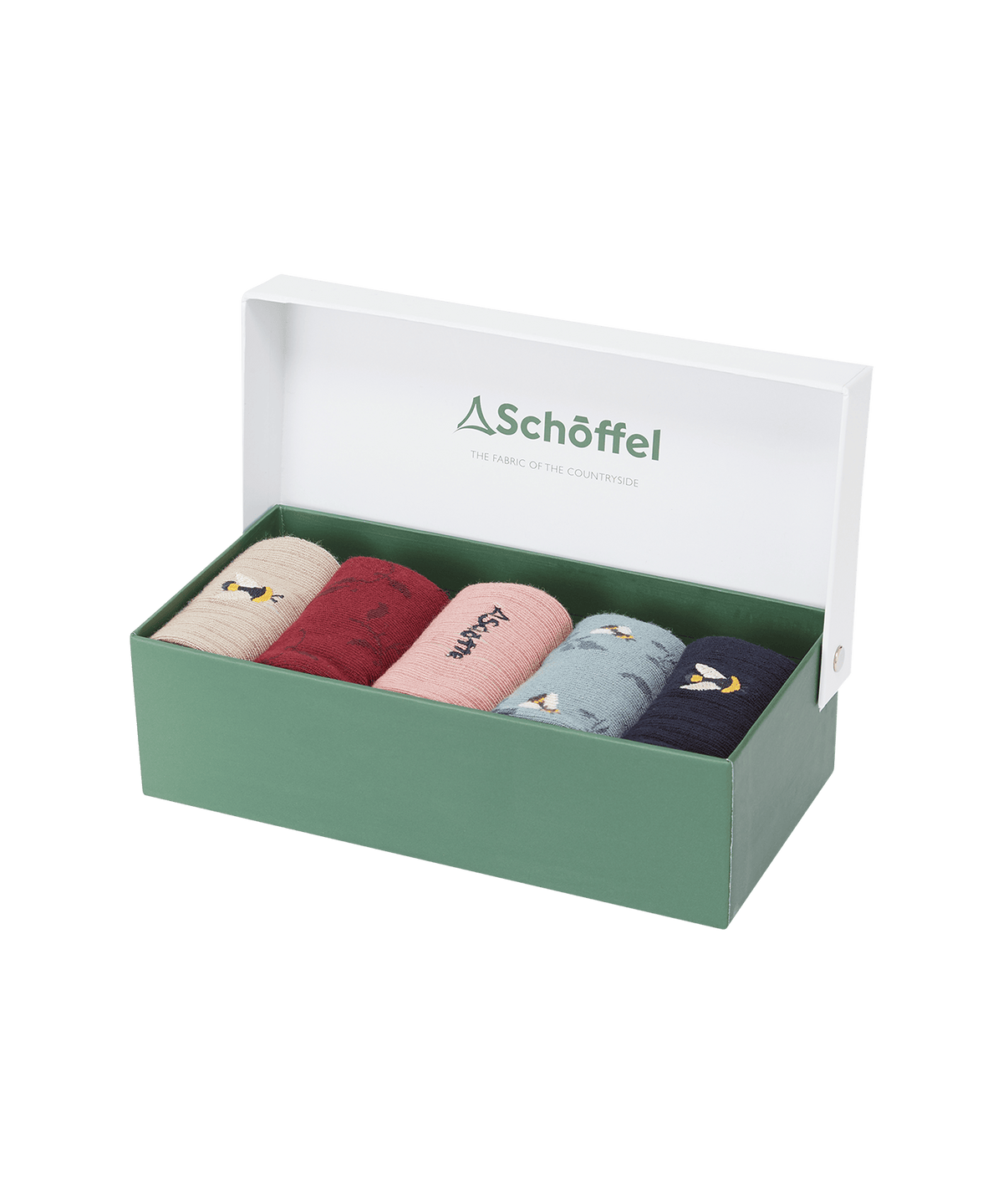 Schöffel women’s bamboo socks box of 5 with colorful embroidered bird designs in a bee mix gift box