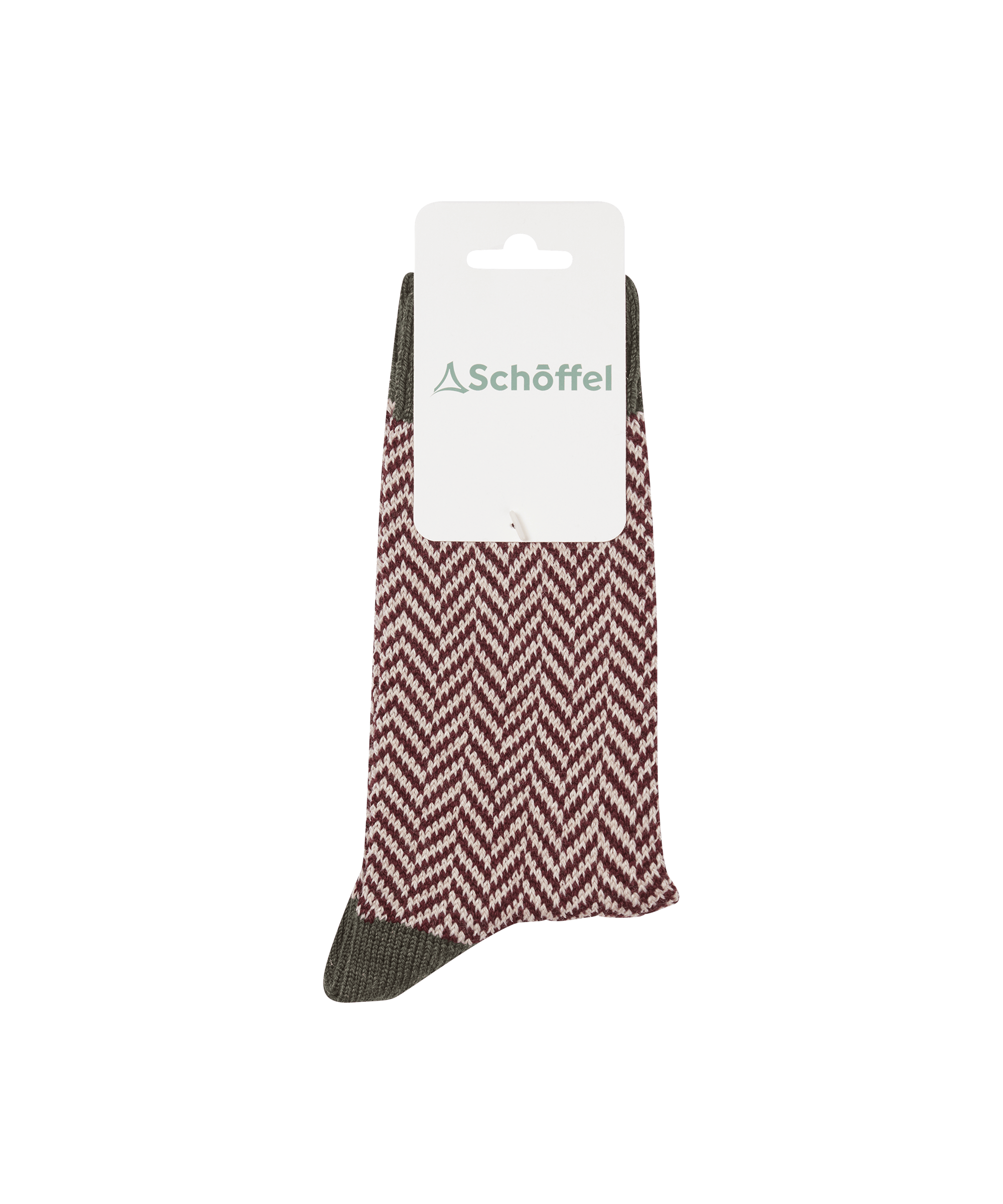 Schöffel Women's Halkirk Sock in Green — herringbone-patterned country sock in burgundy and cream with a khaki toe and heel, a stylish and practical choice for days in the field