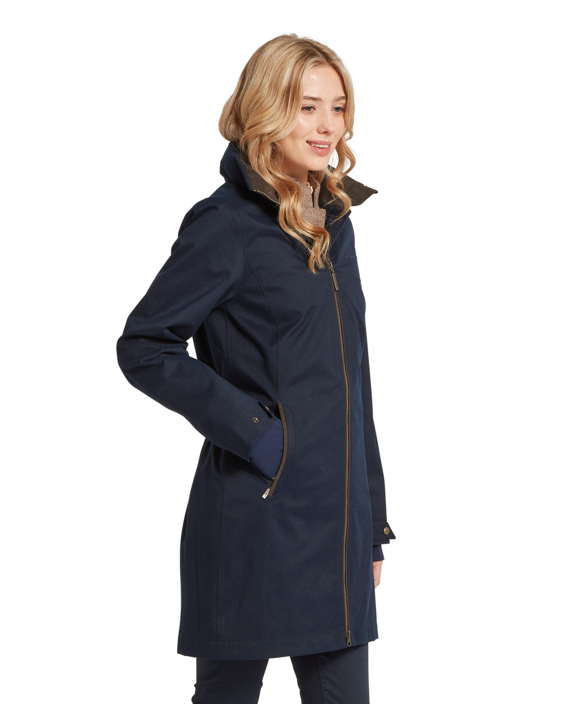 Allexton Wp Coat for women in Navy, from Schöffel, gold zipper accents perfect for rainy weather