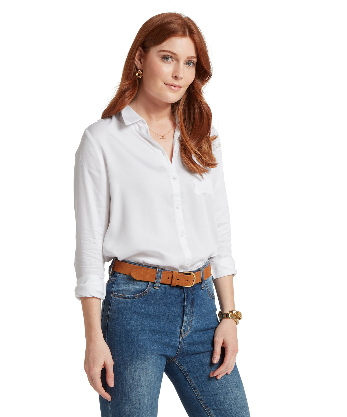 Alton blouse white button-down with subtle sheen and rolled sleeves made from lightweight fabric