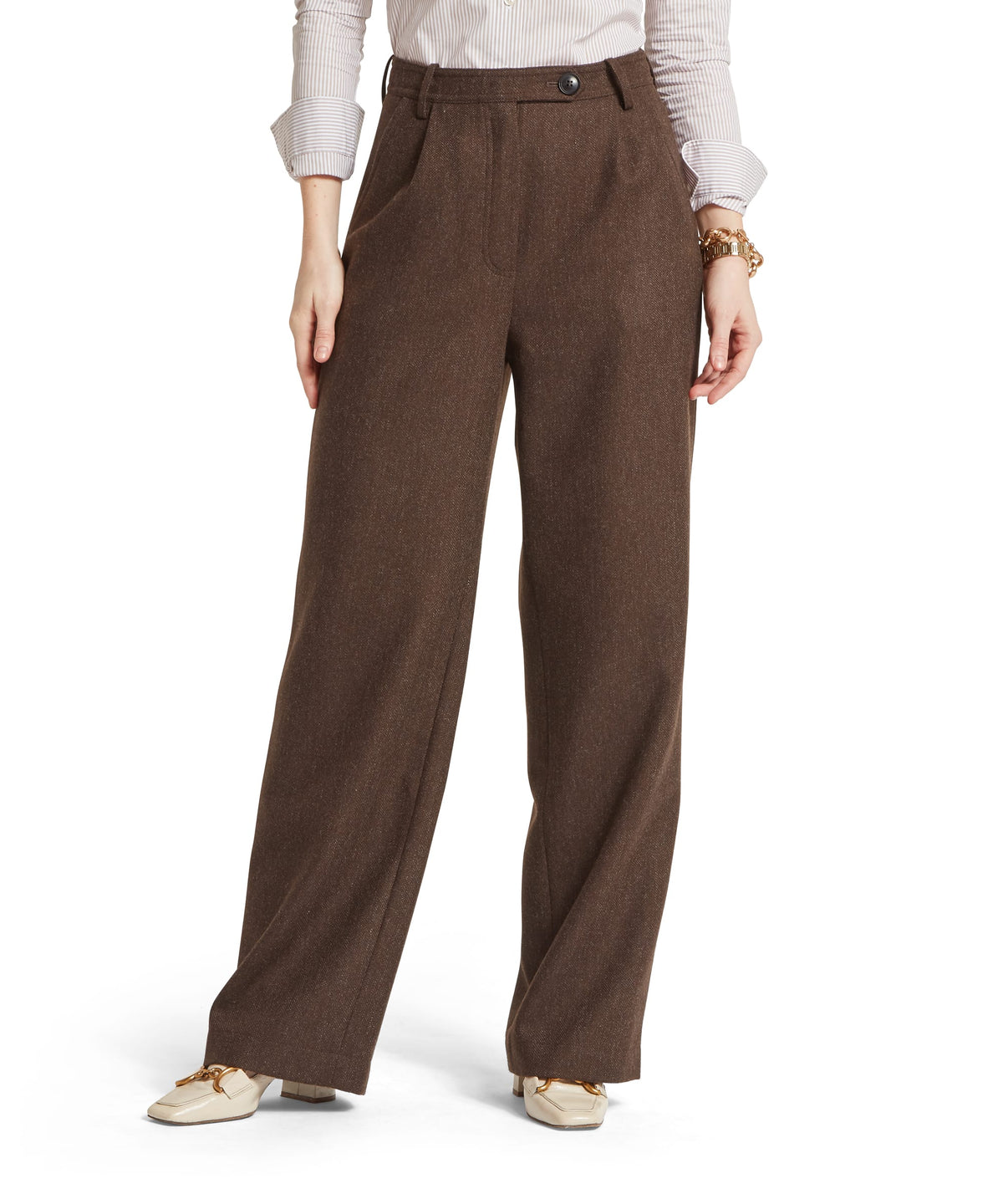Arabella tweed trousers in chocolate herringbone tweed featuring brown wide-leg textured weave