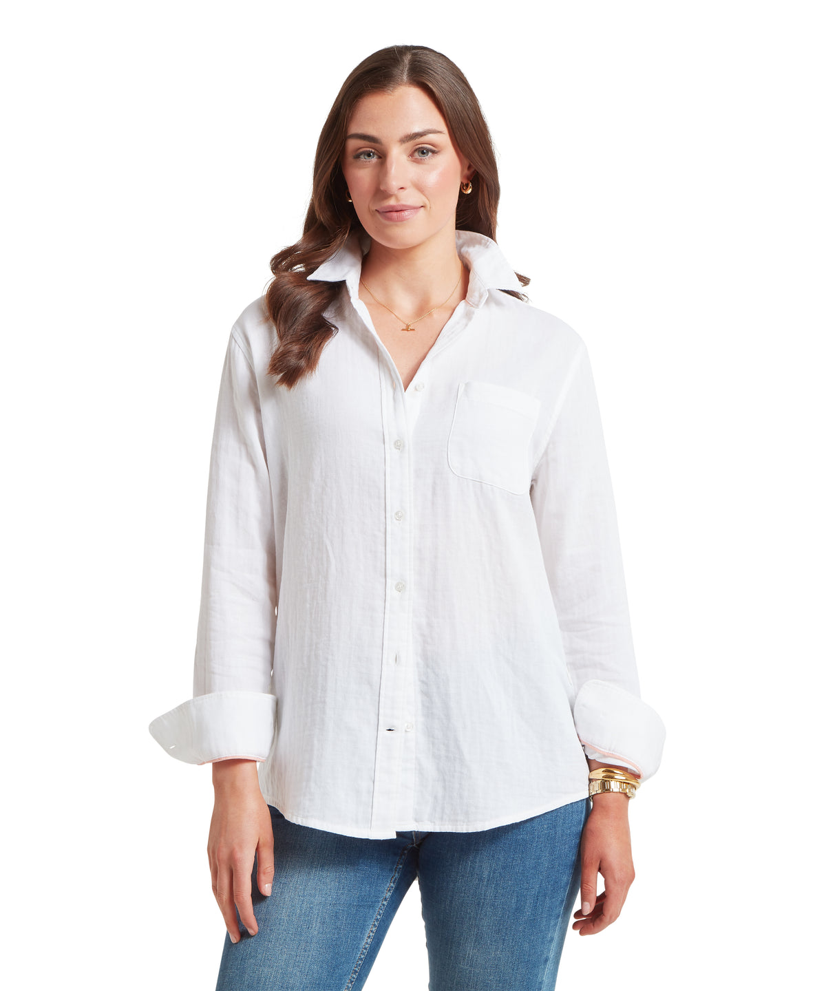 White button-down ashdon shirt with rolled cuffs and chest pocket in soft white cotton fabric