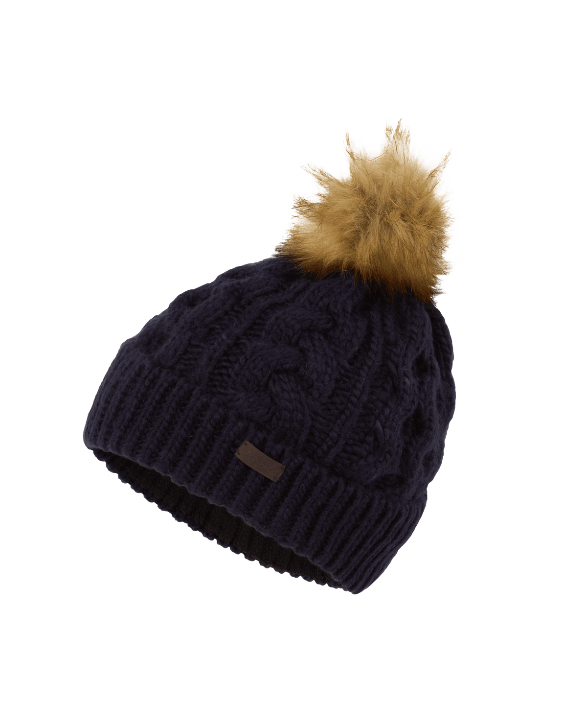 Navy blue cable-knit beanie with tan faux fur pom-pom from the Bakewell Hat and Scarf Set boxed