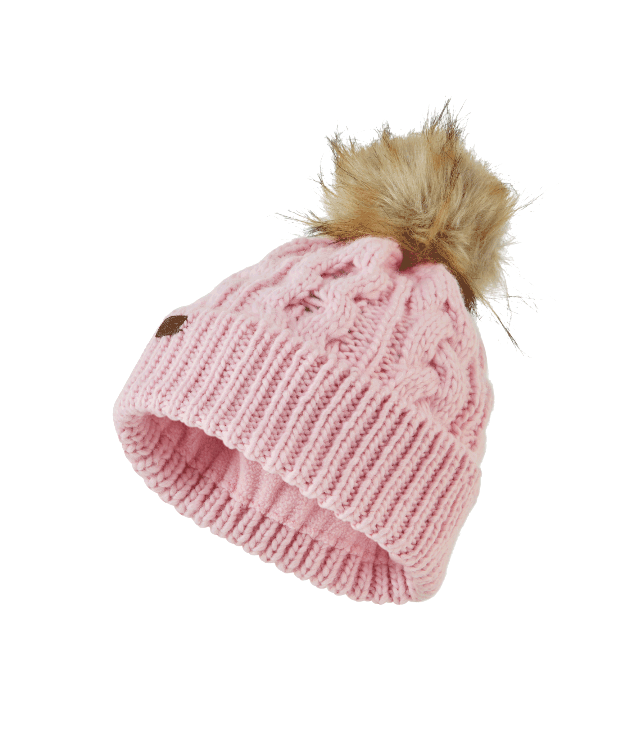 A soft pink knitted beanie with a fluffy tan pom-pom from the Bakewell hat and scarf set boxed