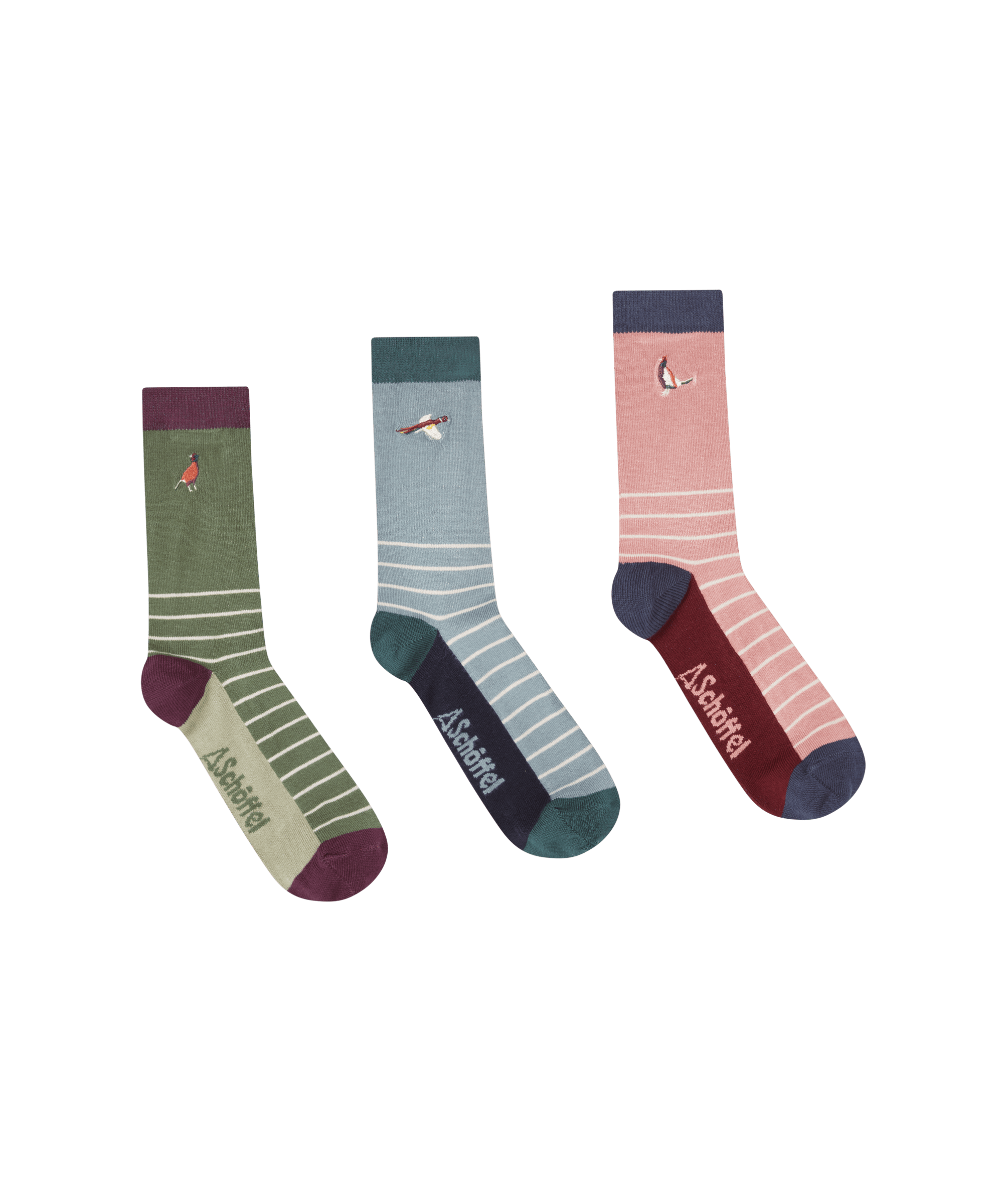 Three pairs of socks with different patterns and colors on a white background