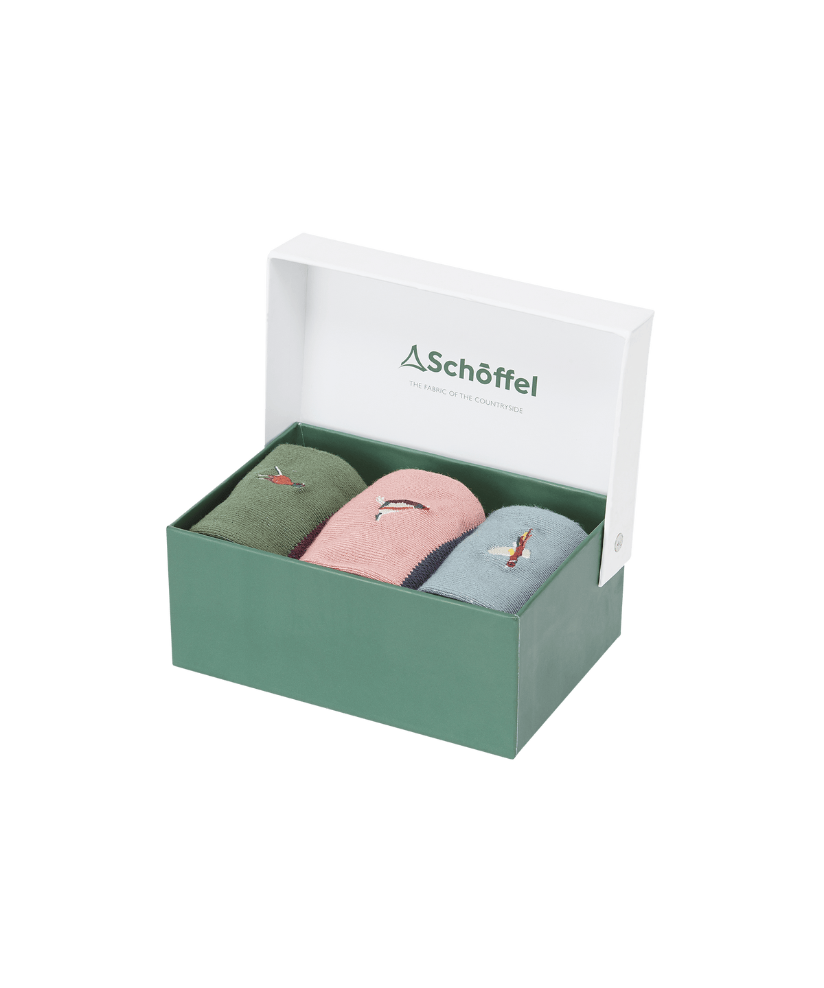 Set of three women’s bamboo socks in olive green pink and light blue with distinct embroidered bird