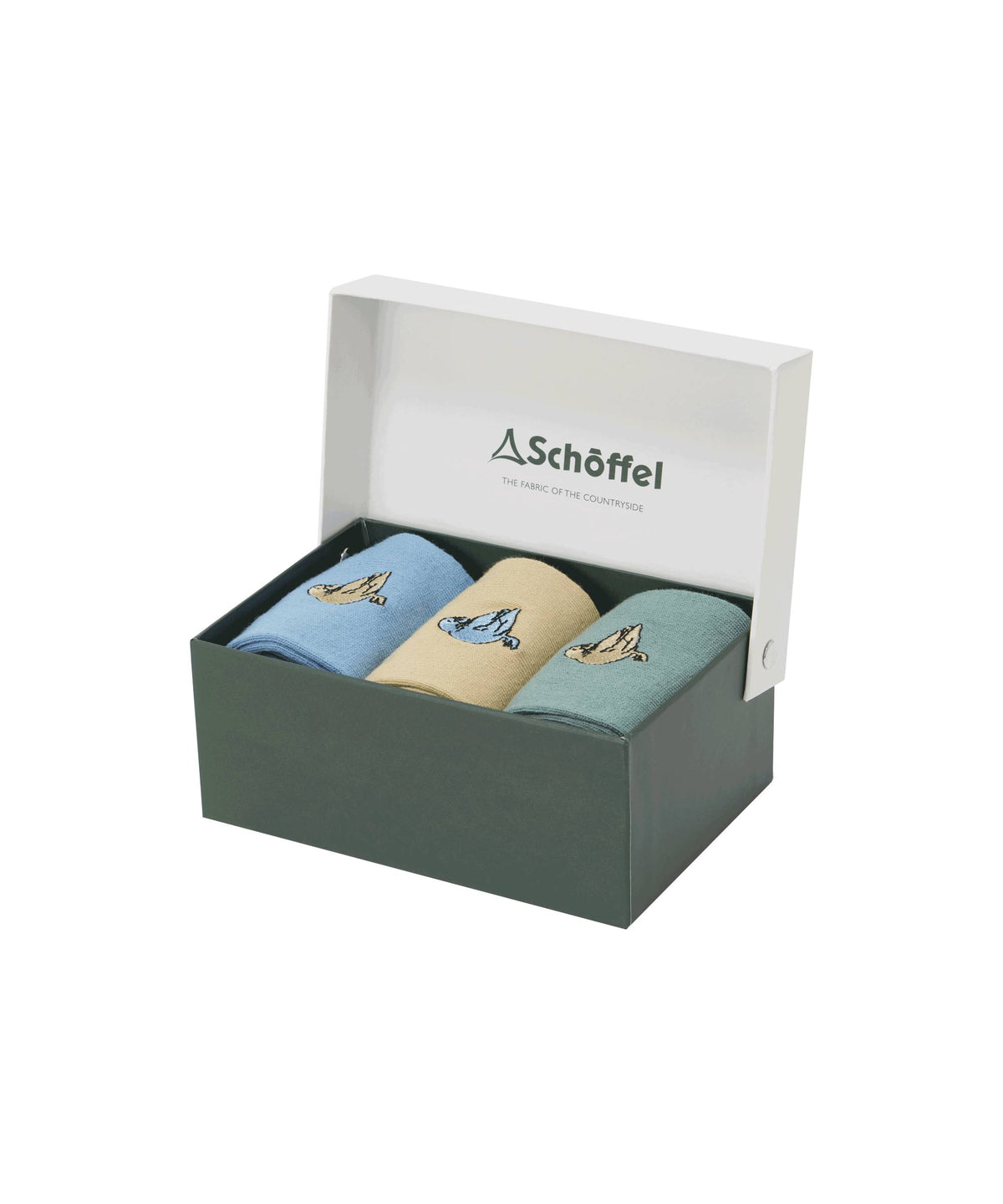 Set of three colorful bamboo womens socks with embroidered duck birds in a green and white schöffel