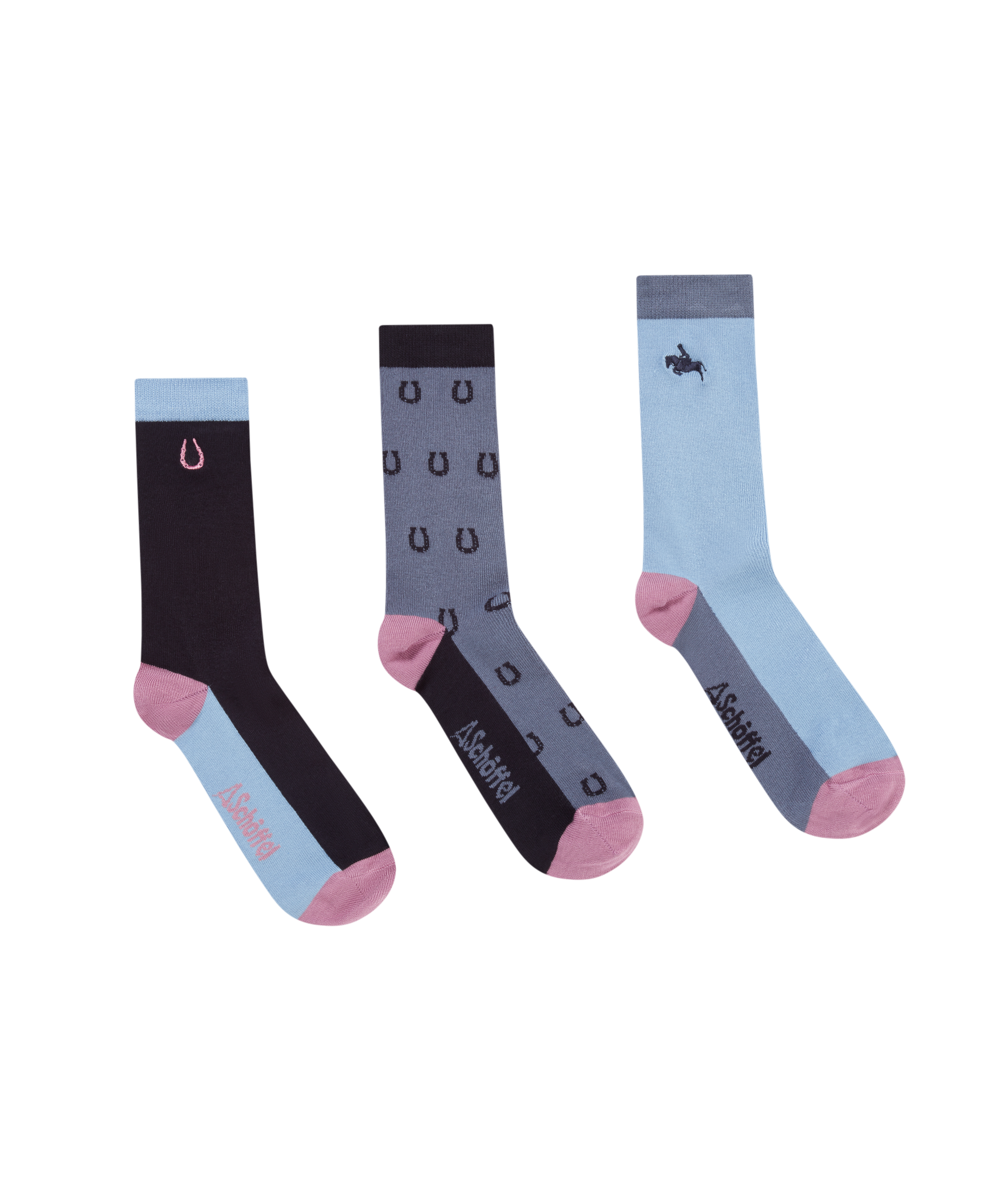 Three pairs of socks with different color patterns on a white background