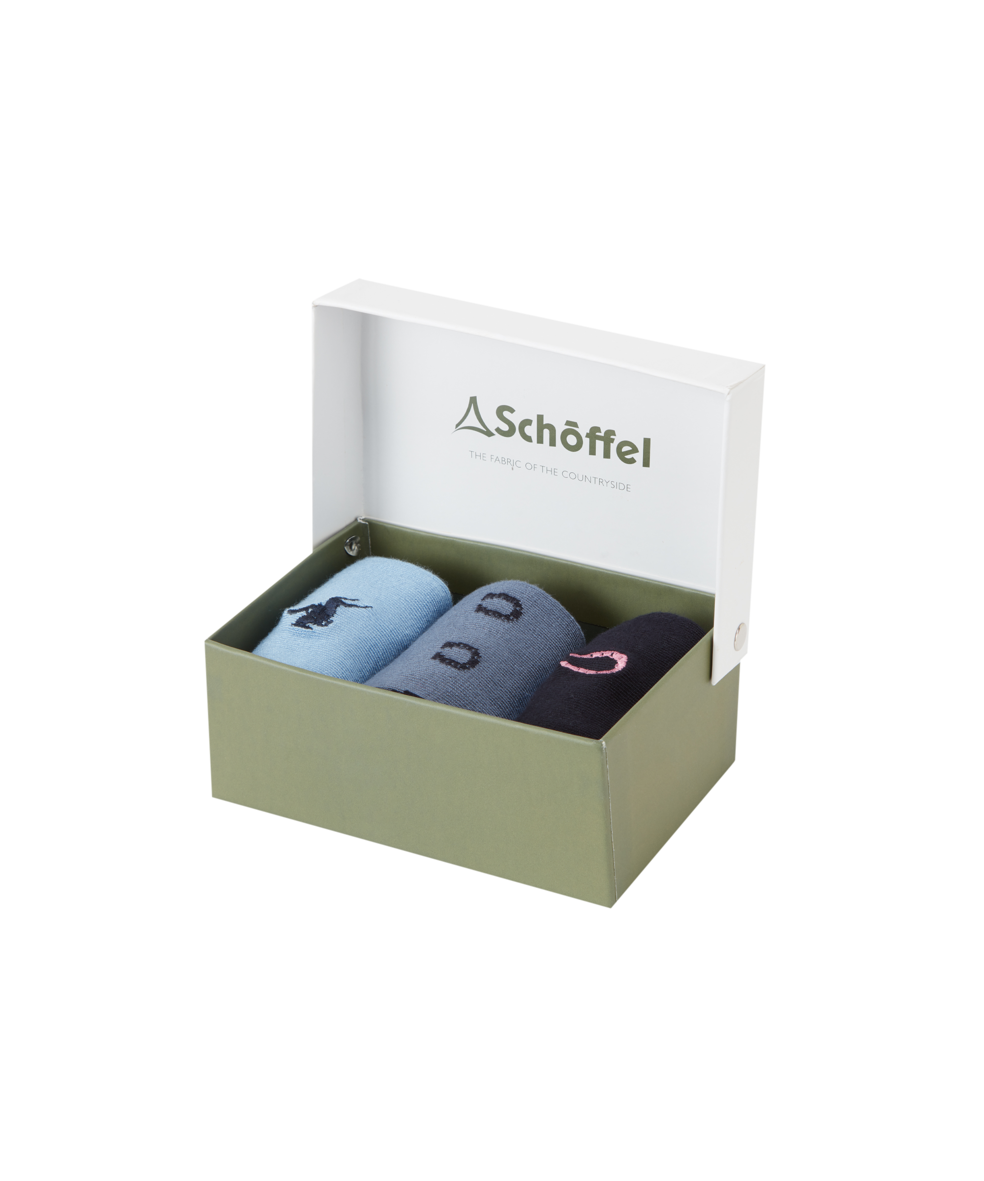 Box of Schöffel socks on a white background