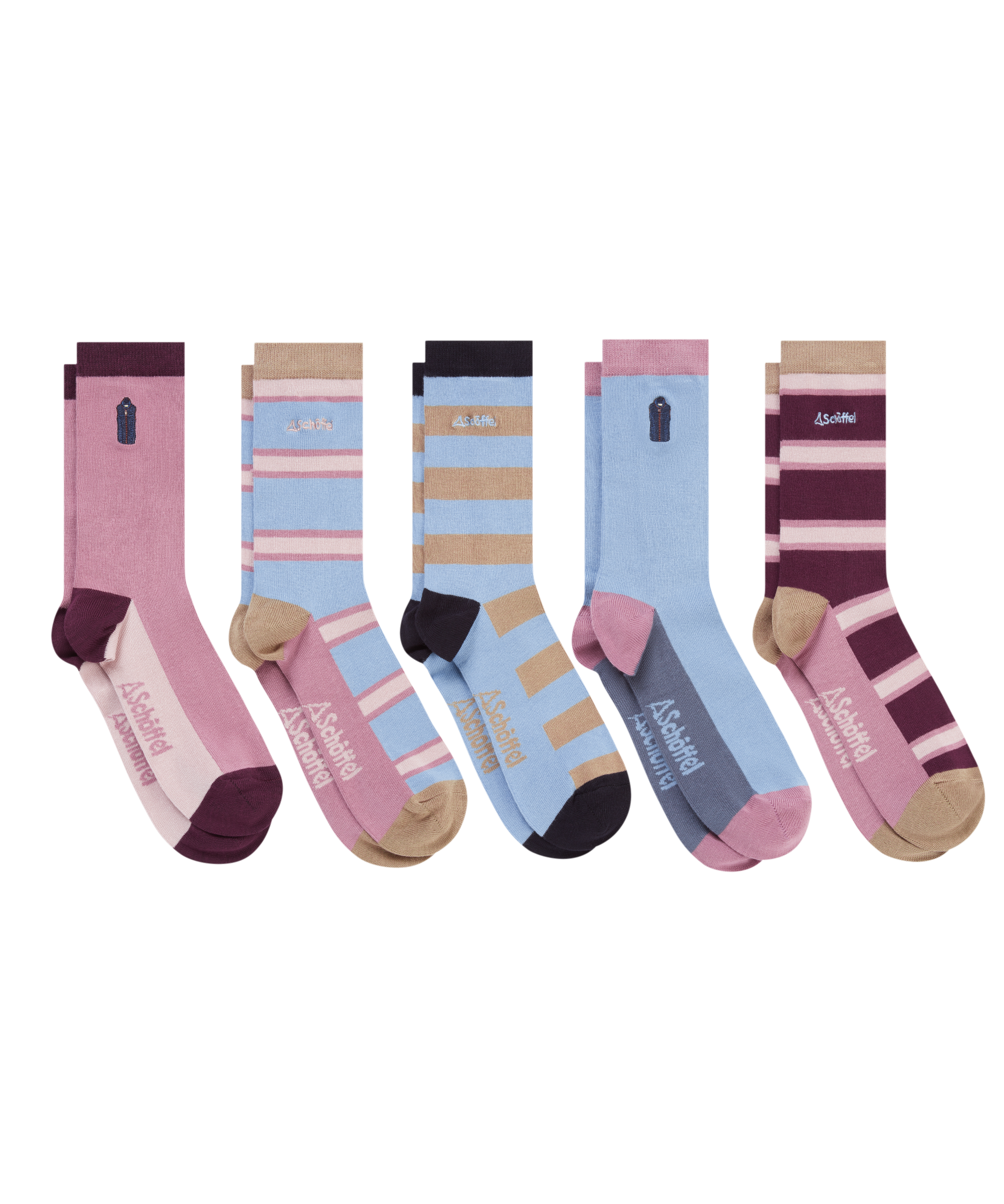 Set of colorful socks with striped patterns on a white background