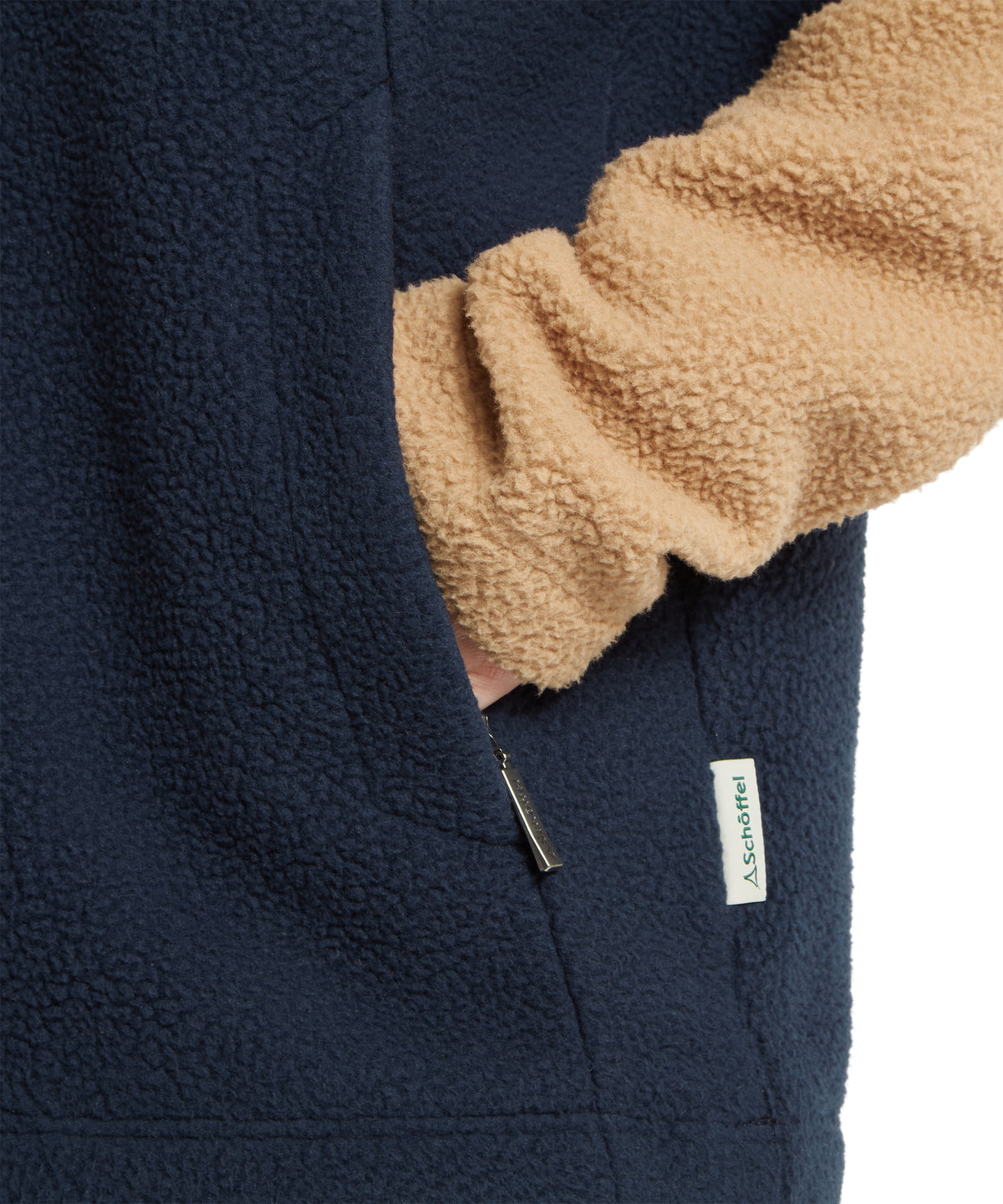 Navy blue and tan berkeley retro quarter zip fleece vest with contrasting sleeve material made