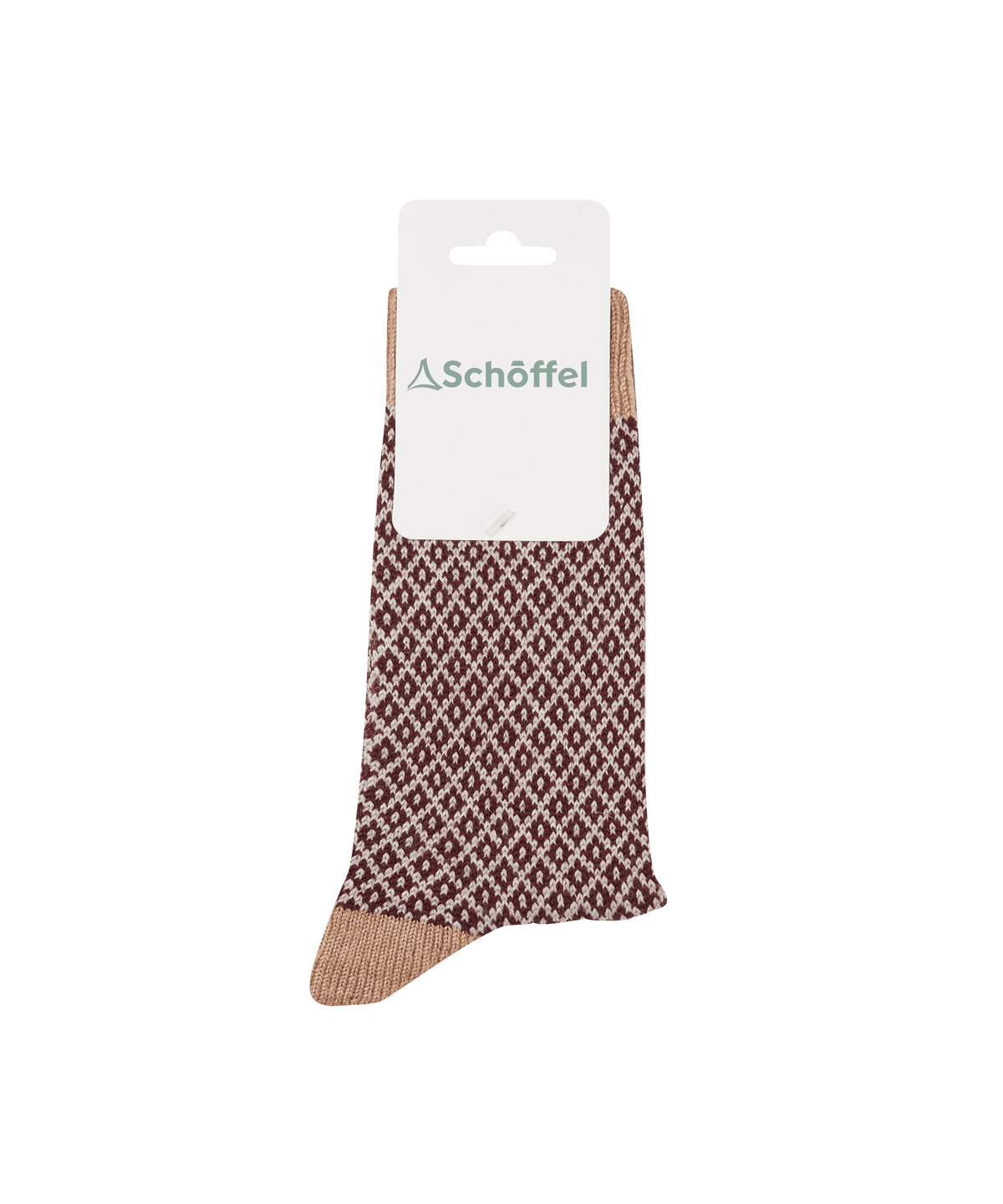 A pair of schoffel braemar socks dark sand with maroon and beige diamond pattern and ribbed cuffs