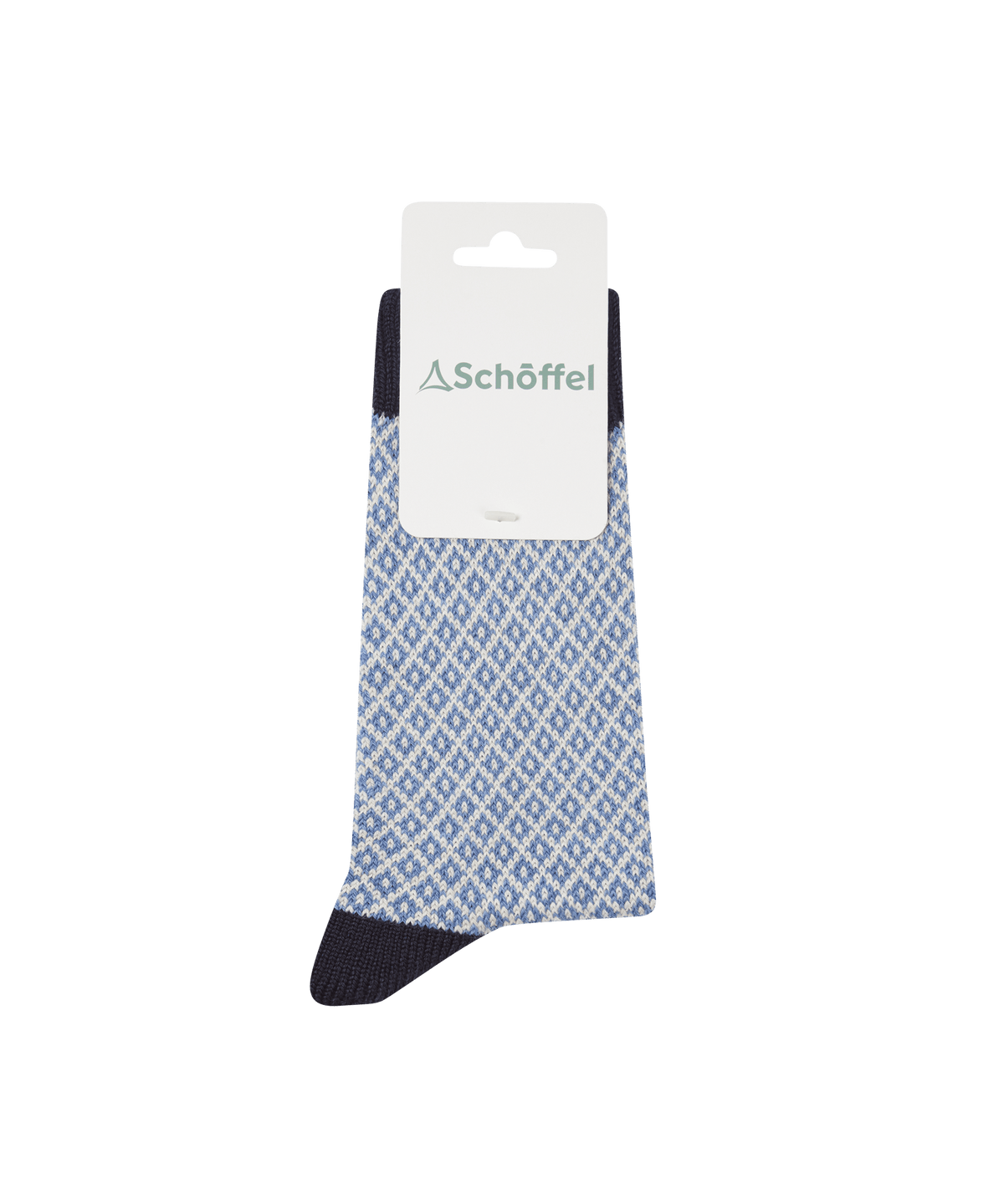 Braemar socks blueberry featuring blue and white diamond pattern with black toe heel from schoeffel
